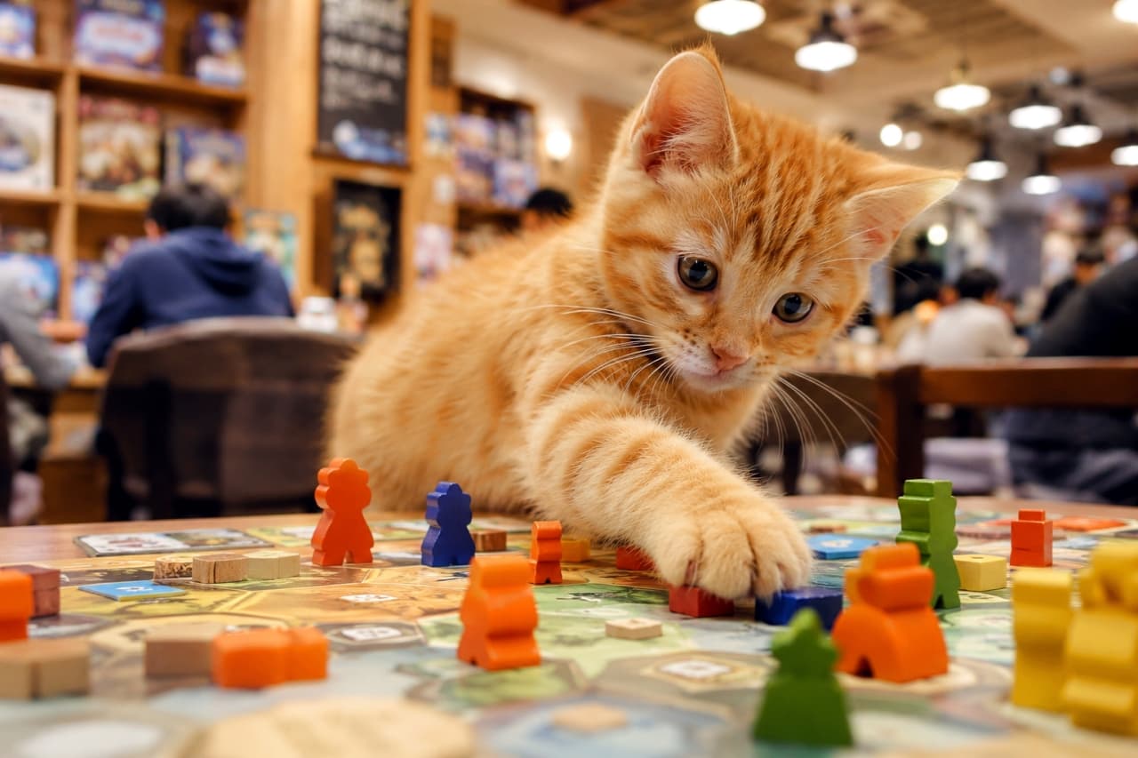 「「僕のターンにゃ!」🎲✨ ボードゲームに夢中な茶トラちゃん、最強の対戦相手が現れました🐈💨 #茶トラ子猫 #ボードゲームカフェ #子猫のいる風景」Ultra-realistic high-quality photograph of a playful ginger tabby kitten reaching its paw to touch colorful wooden meeples on a board game. The scene is set in a bustling board game cafe, with shelves of games and people softly blurred in the background. 活気あるボードゲームカフェのテーブルで、カラフルな木製コマ(ミープル)に前足を伸ばして遊ぼうとする茶トラの子猫。くりっとした大きな瞳と好奇心旺盛な表情、柔らかなオレンジ色の被毛が魅力的で、背景にはゲームを楽しむ人々の様子がボケて写る高画質写真