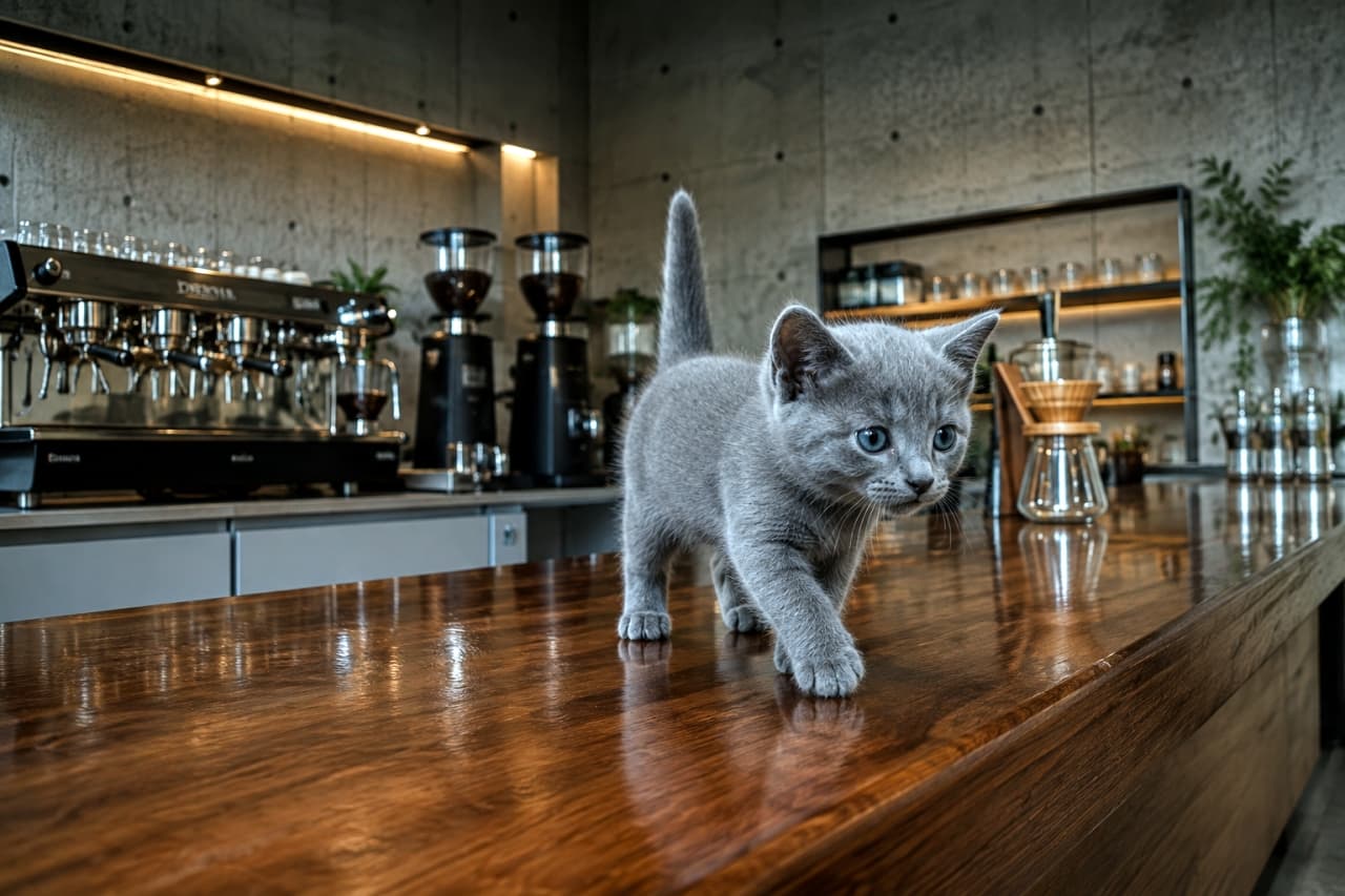 「モダンなカフェをパトロール中の小さな店長さん🐾 コーヒーの香りとグレーの毛並みがスタイリッシュでお洒落✨ #ロシアンブルー #カフェ #猫のいる風景」Ultra-realistic high-quality photograph of a Russian Blue-style grey kitten with sapphire blue eyes and velvety fur walking confidently with its tail held high on a polished wooden counter. The background is a sleek modern cafe with exposed concrete walls and professional espresso machines. コンクリート打ちっ放しの壁と本格的なエスプレッソマシンが並ぶ洗練されたモダンカフェ。磨き上げられた深い艶のある木製カウンターの上を、尻尾をピンと立てて自信ありげに歩いてくるロシアンブルー風のグレーの子猫。サファイアブルーの丸い瞳とビロードのような被毛がシックな空間に映える高画質写真