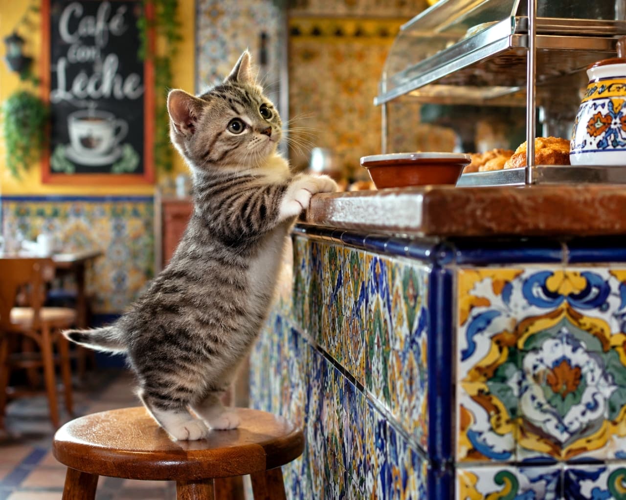 「「あの中のおいしいパン、ぼくにもひとつください!」🥐🐾 カウンターに背伸びする姿がたまらなく愛おしいです💕 #マンチカン #カフェ #猫のいる風景」Ultra-realistic high-quality photograph of a curious Munchkin kitten standing on its hind legs on a wooden stool, leaning its white-gloved paws on a colorful tiled counter in a Spanish-style cafe. The kitten is looking up at a pastry showcase with big, round eyes. スペイン風のカラフルな装飾タイルが美しいカフェのカウンター。木製の丸椅子に後ろ足で立ち、白い靴下を履いたような前足をカウンターにちょこんと乗せてショーケースのパンを見つめるマンチカンの子猫。丸く大きな瞳とふっくらしたマズルが愛らしい高画質写真