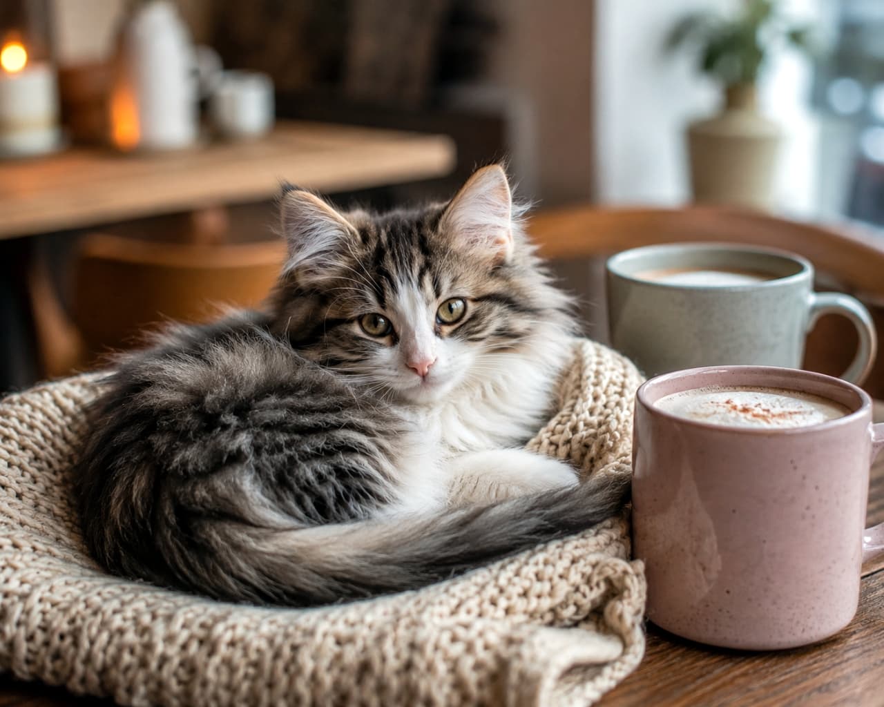 「ふわふわニットと温かいカフェラテ、そして長毛猫ちゃん☕️🧶 寒い日はこんなカフェでずっとぬくぬくしていたいですね❄️ #ノルウェージャンフォレストキャット #カフェ #猫のいる風景」Ultra-realistic high-quality photograph of a fluffy Norwegian Forest Cat kitten (brown tabby and white) resting comfortably on a chunky beige knit blanket. Beside the kitten are two large mugs of warm cafe latte on a wooden table, set in a cozy, softly lit indoor cafe. 温かみのあるインテリアが並ぶ冬のカフェ店内。木製テーブルの上に置かれたピンクとグレーの大きなカフェラテマグの隣で、ざっくり編まれたベージュのニットブランケットに包まれてくつろぐ、ノルウェージャンフォレストキャット(キジ白)の子猫。柔らかな光に包まれた極上の癒し空間を捉えた高画質写真