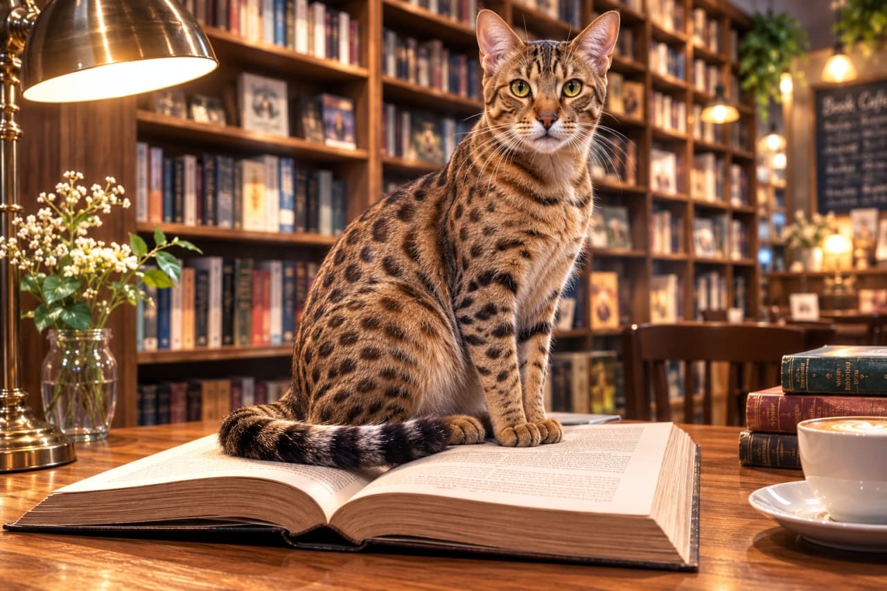 「読書の秋のお供は、美しいヒョウ柄の賢いブックキーパーさん📚☕️ ページをめくる手が止まっちゃうね🐾 #オシキャット #ブックカフェ #猫のいる風景」Ultra-realistic high-quality photograph of an elegant Ocicat with a beautiful spotted coat sitting on an open vintage book in a cozy book cafe. The scene features warm lighting, a cup of latte art, and background walls filled with wooden bookshelves. 温かみのある照明に包まれたブックカフェで、開かれた古い洋書の上に座るオシキャットの成猫。美しいスポット模様(ヒョウ柄)の被毛と知的なグリーンイエローの瞳が印象的。背景には壁一面の本棚とラテアートが並び、静かで知的な空間を演出する高画質写真