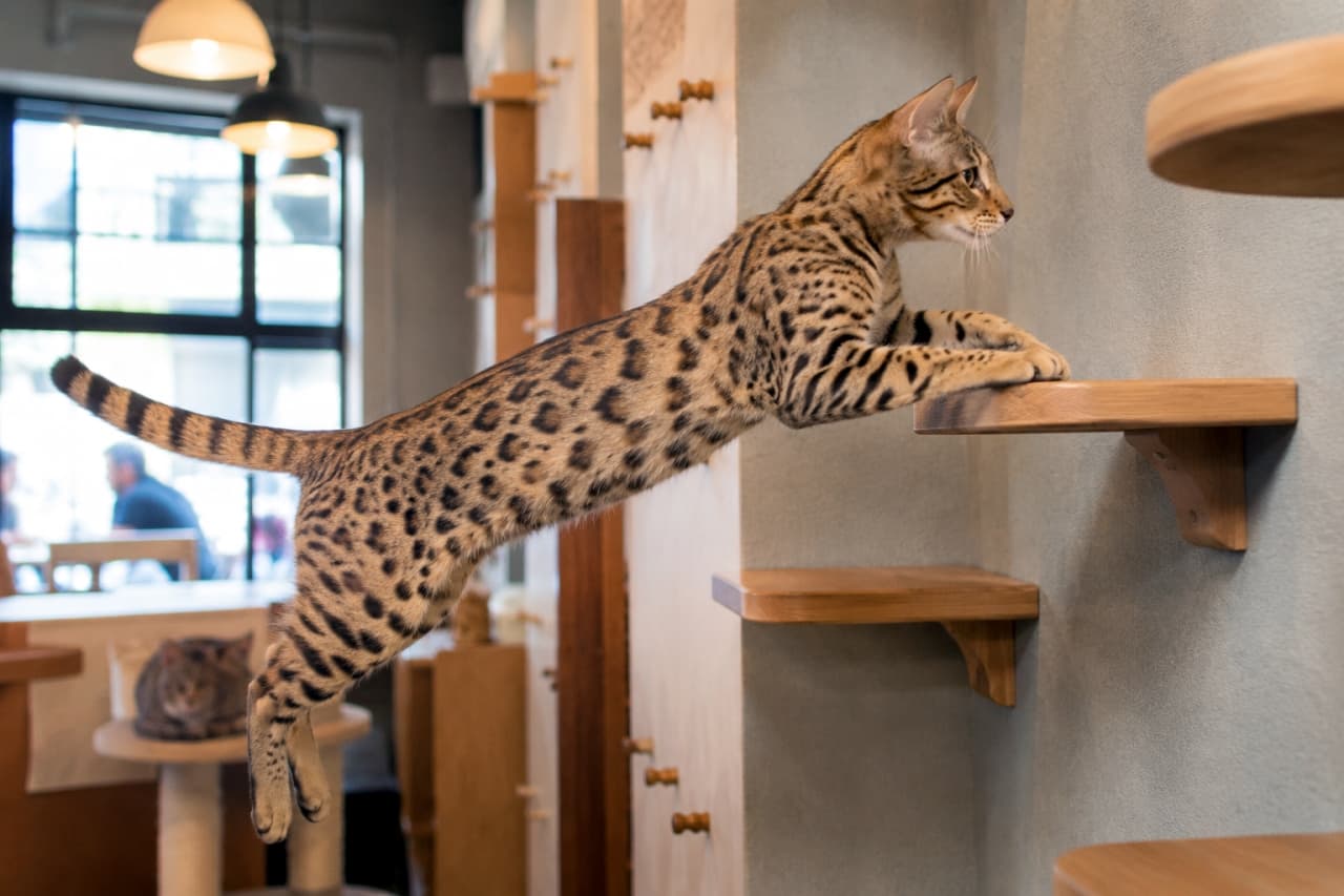 「キャットステップへ華麗な大ジャンプ!🐾 サバンナキャットならではのしなやかな美しさに釘付け間違いなし✨ #サバンナキャット #猫カフェ #猫のいる風景」Ultra-realistic high-quality action photograph of a stunning adult Savannah cat jumping dynamically onto wooden wall steps in a stylish cat cafe. The sharp focus perfectly captures the cat's lithe muscles and beautiful leopard-like rosette patterns in mid-air. The background features beautifully blurred warm pendant lights and cafe seating. おしゃれな猫カフェの店内で、壁に設置された木製のキャットステップへ向かって力強くジャンプする成猫のサバンナキャットの横姿。美しいヒョウ柄(ロゼット模様)のしなやかな筋肉と、前足をステップにかけた瞬間の躍動感がシャープに捉えられている。背景には温かみのある照明やカフェの様子が美しくボケて広がる高画質写真