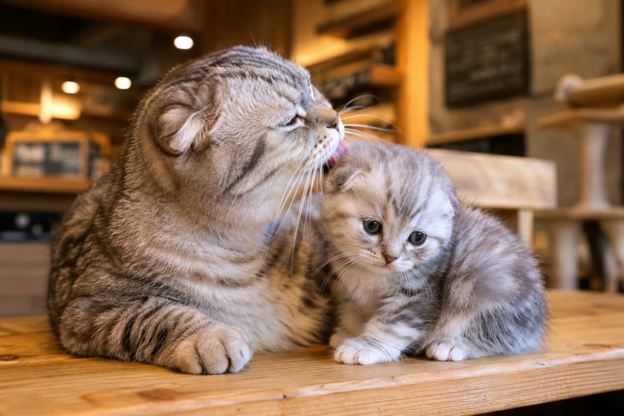 「ママに毛づくろいしてもらって嬉しそうな子猫ちゃん🐈💕スコティッシュフォールド親子の愛情たっぷりな姿にほっこりします☕️ #スコティッシュフォールド #猫カフェ #猫のいる風景」Ultra-realistic high-quality photograph of a Scottish Fold mother cat affectionately grooming her small kitten on a wooden table. The cats feature beautiful silver tabby coats and folded ears in a warm, softly lit cafe. 温かな照明が灯る猫カフェの木製テーブルの上で、小さな子猫の頭を優しく舐めて毛づくろいをするスコティッシュフォールドの親猫。折れ耳の特徴と柔らかなシルバータビーの被毛が美しく、親子の強い絆と愛情を感じさせる温もりあふれる高画質写真