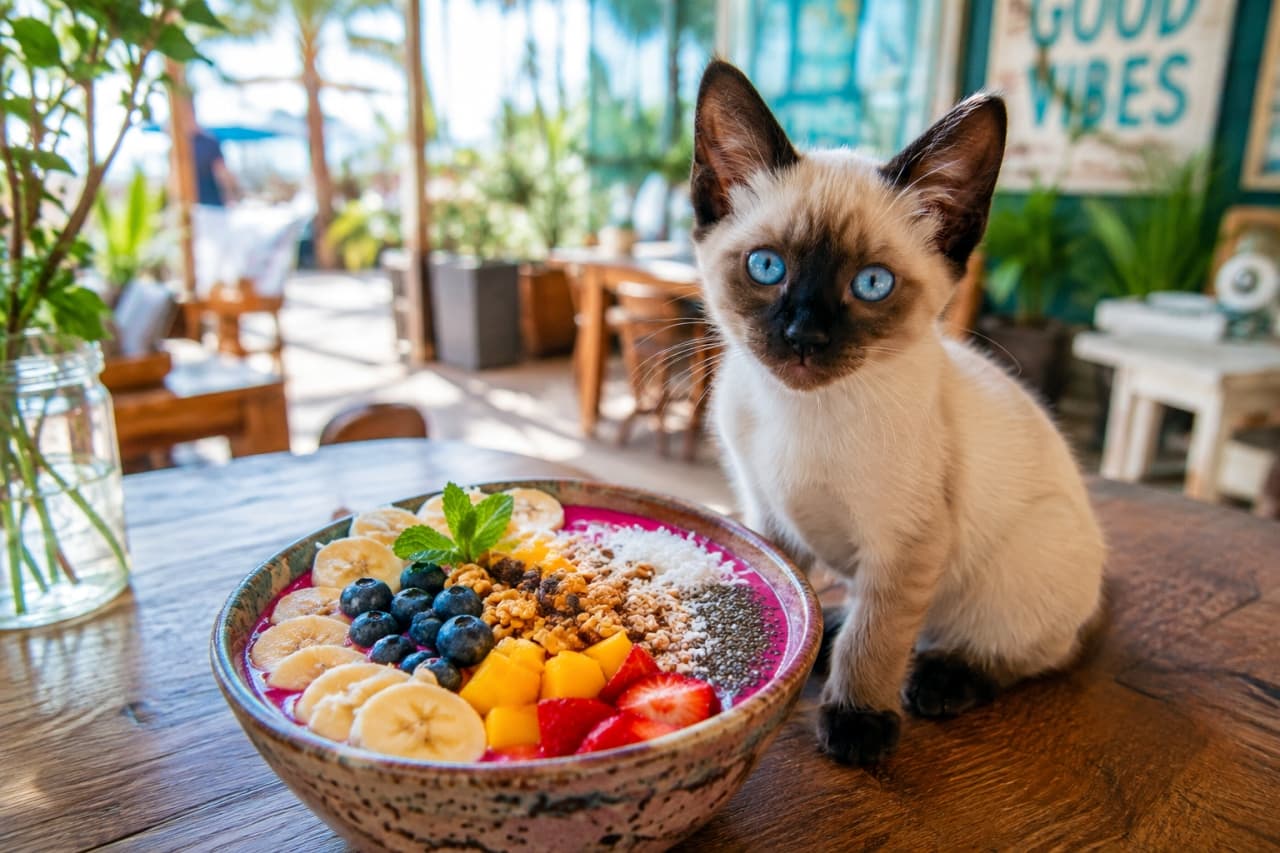 「カラフルなスムージーボウルと、海のように青い瞳のシャム猫ちゃん🌺🐈 ヘルシーな南国リゾート気分をお裾分けです✨ #シャム猫 #カフェ #猫のいる風景」Ultra-realistic high-quality photograph of a Siamese kitten with striking sapphire blue eyes and seal point coloring, sitting next to a vibrant, fruit-topped pink smoothie bowl. The scene is set on a wooden table in a sunny, tropical beachside cafe terrace. 陽光が降り注ぐ南国リゾート風カフェのテラス席。フルーツやグラノーラがたっぷり乗った色鮮やかなピンクのスムージーボウルの横にお座りする、シャム猫(サファイアブルーの瞳とシールポイントの毛色)の子猫。夏の爽やかな空気感と健康的な食卓を描いた鮮やかな高画質写真
