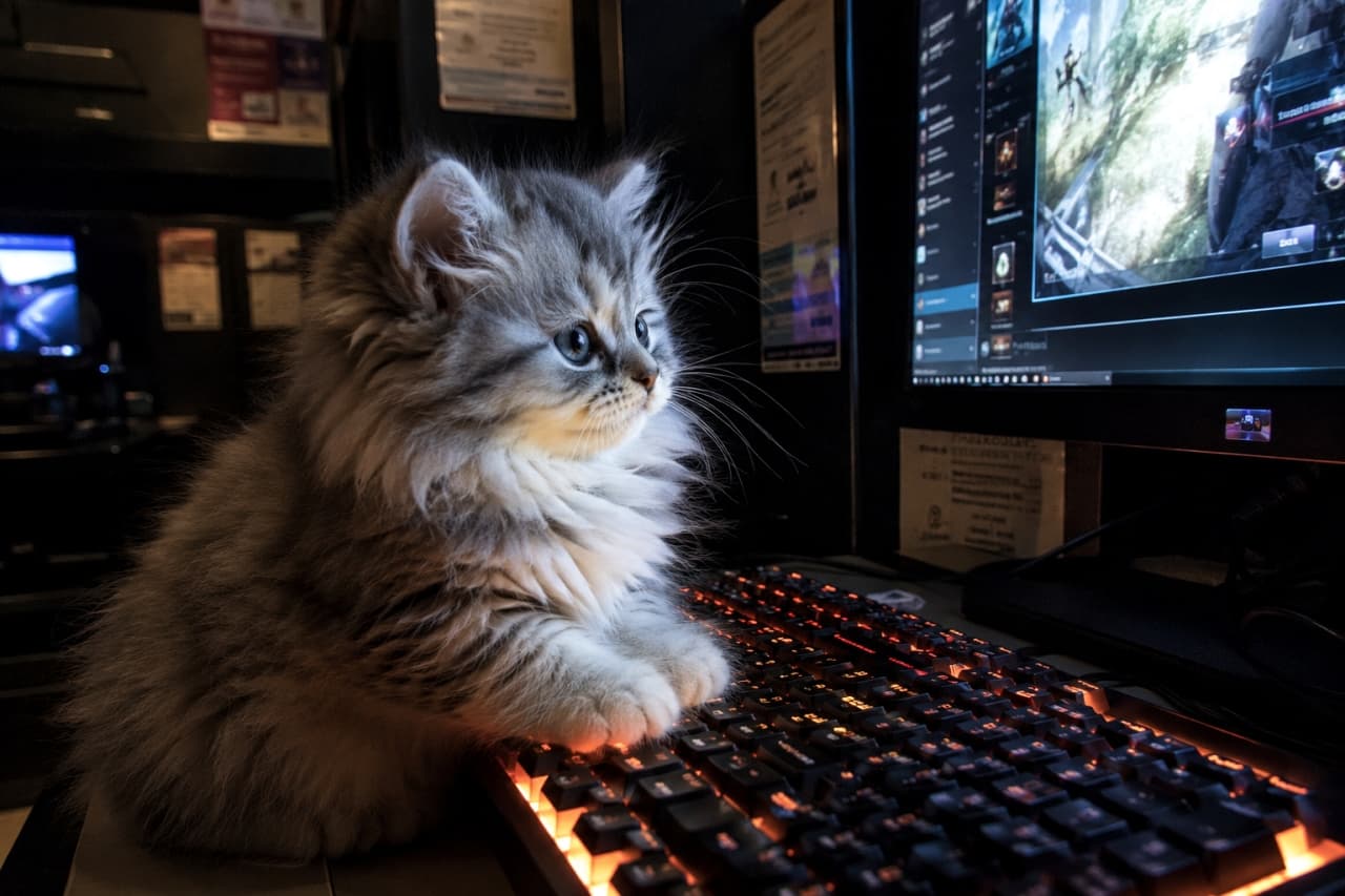 「本気のゲーマーにゃんこ参戦!🎮🔥 光るキーボードと真剣な横顔のギャップがかっこよすぎるね💻🐾 #サイベリアン #インターネットカフェ #子猫のいる風景」Ultra-realistic high-quality photograph of a fluffy silver tabby Siberian kitten with its paws on a glowing RGB gaming keyboard. The kitten stares intently at a computer monitor displaying a video game, illuminated by the striking contrast of cool screen light and warm keyboard neon in a dark gaming cafe. 薄暗いインターネットカフェのPCブースで、オレンジ色に光るゲーミングキーボードに前足を乗せ、画面を真剣に見つめるサイベリアン風の長毛の子猫。モニターの青白い光とキーボードの暖色が、ふわふわのシルバータビーの被毛をドラマチックに照らし出すサイバーパンクな高画質写真