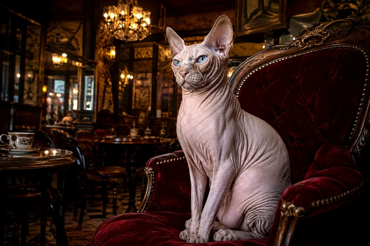 「重厚なアンティークチェアが似合いすぎるスフィンクス様🍷🐈 この高貴なオーラ、思わずひれ伏したくなりますね✨ #スフィンクス #カフェ #猫のいる風景」Ultra-realistic high-quality photograph of a regal Sphynx cat with smooth wrinkled skin and piercing ice-blue eyes, sitting gracefully on an ornate red velvet antique chair. The background features a classic, luxurious cafe illuminated by warm chandeliers. シャンデリアが輝くクラシカルで重厚なカフェ店内。豪奢な赤いベルベットのアンティークチェアに背筋を伸ばして座る、被毛のない滑らかな肌と美しいシワが特徴的なスフィンクス猫。透き通るようなアイスブルーの瞳が知性を感じさせる、極めて精細で芸術的な高画質写真