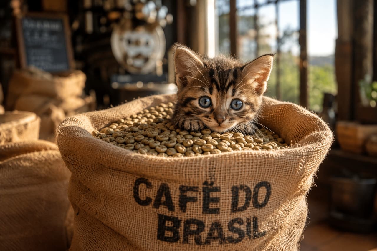 「コーヒー豆の中から可愛いイタズラっ子を発見!🌱🐾 焙煎前の生豆の香りに包まれてご機嫌なキジトラちゃん☀️ #カフェ #猫のいる風景」Ultra-realistic high-quality photograph of an adorable brown tabby kitten peeking out from a burlap sack filled with green unroasted coffee beans labeled "CAFE DO BRASIL". The warm golden hour sunlight creates a rustic, cozy atmosphere in a coffee roastery. 焙煎所の趣があるカフェで、「CAFE DO BRASIL」と印字された麻袋にたっぷり詰まった緑色のコーヒー生豆の中から、ひょっこりと顔と前足を出すキジトラの子猫。大きく澄んだ青灰色の瞳と、柔らかな夕日の逆光が被写体を温かく包み込むドラマチックな高画質写真