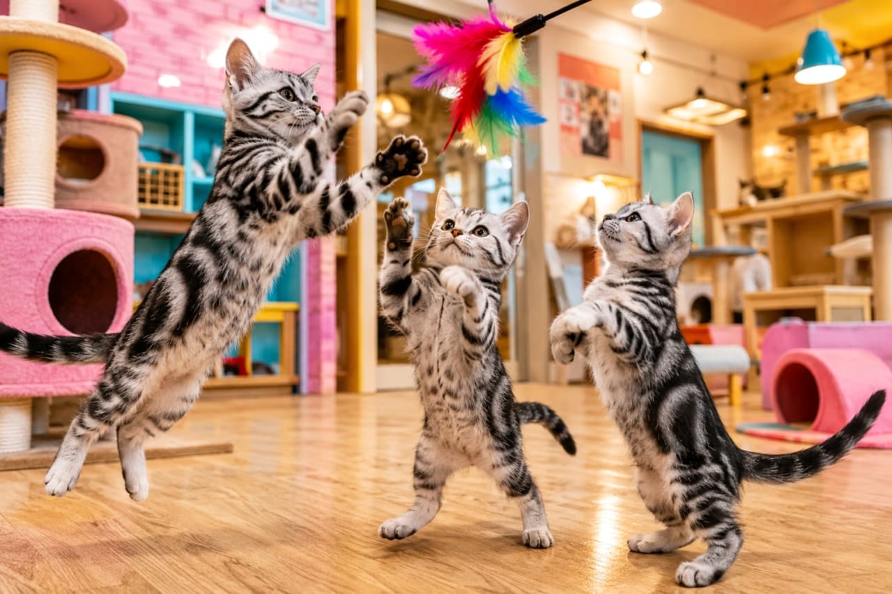 「羽のおもちゃに大ジャンプ!🐾 猫カフェのプレイタイムは元気な子猫たちで大盛り上がり!いいねして応援してね✨ #猫 #子猫 #猫カフェ #猫写真 #アメリカンショートヘア #猫のいる風景」Ultra-realistic high-quality action photograph capturing three energetic American Shorthair (silver tabby) kittens simultaneously jumping to catch a brightly colored feather toy. They are in a vibrantly colored, well-lit cat cafe playroom. One kitten is in a full dynamic jump, while the other two stand on their hind legs, reaching up with serious focus. The background features a pink cat tower and multi-colored shelves, creating a lively atmosphere. Sharp focus and 8k resolution. 明るくカラフルな猫カフェのプレイルームで、3匹のアメリカンショートヘア(シルバータビー)の子猫が、頭上の鮮やかな羽のおもちゃを捕らえようと一斉に飛び跳ねている。左の子猫はダイナミックなジャンプ、中央と右の子猫は後ろ足で立ち上がり、真剣な眼差しで羽を見つめ、前足を伸ばしている。背景にはピンクのキャットタワーやカラフルな棚、暖色の照明があり、活気と楽しさに満ちている。高精細なアクションショット