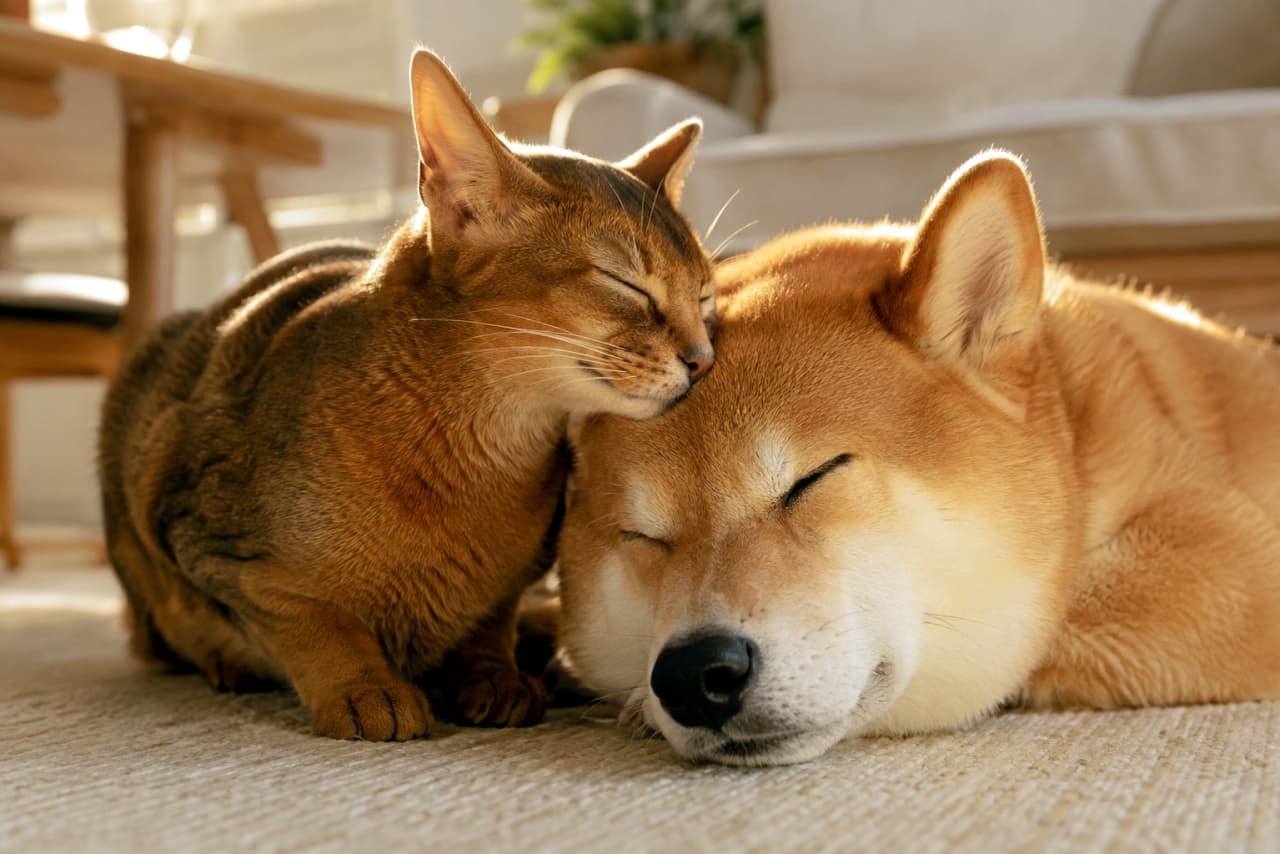 「陽だまりで柴犬さんにスリスリ……🧡 二匹の温もり、ここから伝わってきそう。いつまでも見ていたい癒しの光景 #アビシニアン #すりすり #猫のいる風景」An abyssinian cat and a Shiba Inu dog sleeping snuggled together in a sun-drenched living room. The cat's lustrous orange fur gently touches the dog's back, both animals eyes closed with blissful expressions. The background features warm wood furniture softly blurred. Ultra-realistic high-quality photograph. 陽の光が降り注ぐリビングで、体を寄せ合って眠るアビシニアン猫と柴犬。アビシニアンの輝くオレンジ色の被毛が柴犬の背中に優しく触れ、二匹とも目を閉じて幸せそうな表情を浮かべている。背景は温かい木製の家具が柔らかくぼけている