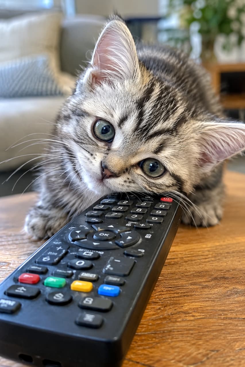 「かまってアピール発動中！🐾テレビを見ようとしたらリモコンを占拠されちゃいました📺💕 #アメリカンショートヘア #すりすり #猫のいる風景」An American Shorthair kitten resting its chin and rubbing against a black TV remote control on a wooden table, looking directly at the camera. Its distinct silver classic tabby pattern and curious emerald green eyes are striking, with a naturally blurred living room in the background. Ultra-realistic high-quality photograph. 木製のテーブルの上で、黒いテレビのリモコンに顎を乗せてスリスリしながらこちらを見つめるアメリカンショートヘアの子猫。くっきりとしたシルバークラシックタビーの模様と、好奇心旺盛なエメラルドグリーンの瞳が印象的で、背景のリビングルームが自然にボケている