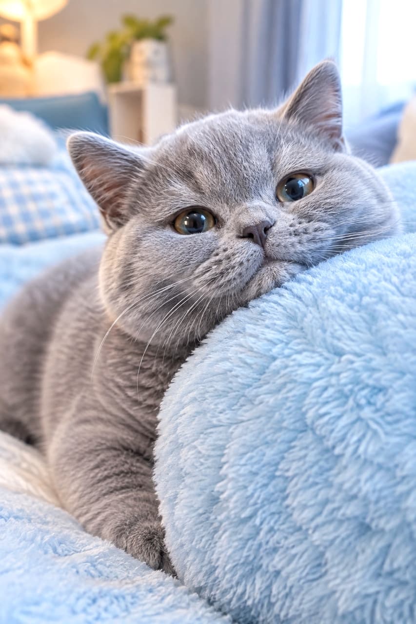 「ふかふかクッションと一体化しちゃった☁️💙まん丸なお顔でもちもちボディがたまらなく可愛いね！ #ブリティッシュショートヘア #すりすり #猫のいる風景」A chubby British Shorthair kitten relaxing with its chin and cheek resting on a fluffy pale blue cushion. Its dense blue-grey fur, round face, and large amber eyes are extremely adorable, bathed in soft pastel light. Ultra-realistic high-quality photograph. ペールブルーのふわふわしたクッションに顎と頬を乗せてくつろぐ、ぽっちゃりとしたブリティッシュショートヘアの子猫。密度の高いブルーグレーの被毛と、まん丸な顔立ち、琥珀色の大きな瞳が非常に愛らしく、全体がパステル調の柔らかい光に包まれている