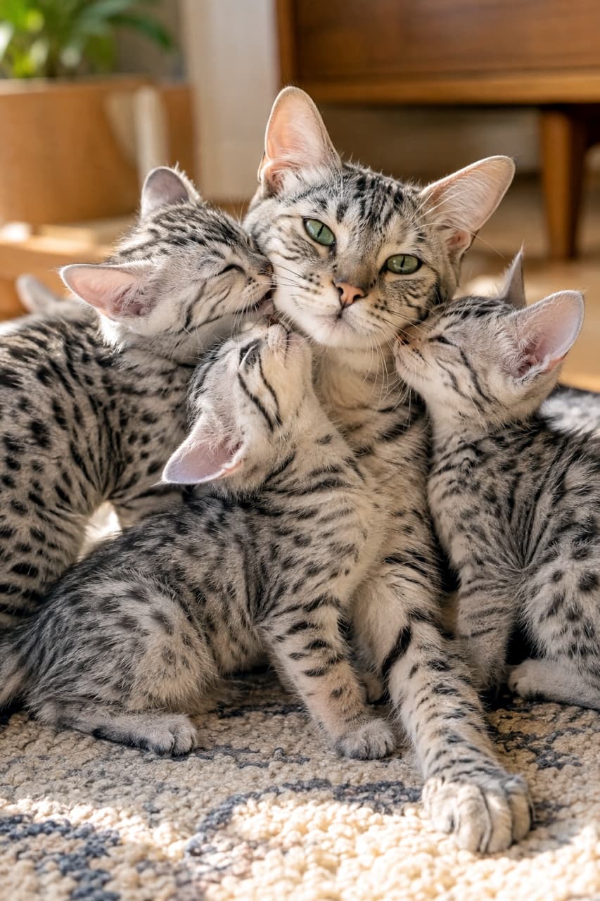 「母猫のぬくもり💕 エジプシャンマウ親子が集団スリスリ🐾 #エジプシャンマウ #すりすり #猫のいる風景」An Egyptian Mau family on a rug, with three kittens snuggling and rubbing their faces against the mother cat's neck in a warm embrace. The mother cat has striking green eyes, and the kittens look innocent. Their coats feature distinct spots. Ultra-realistic high-quality photograph. ラグの上で、母猫の首元に3匹の子猫が顔を寄せ、スリスリして甘えているエジプシャンマウの家族。母猫の鋭い緑色の瞳と、子猫たちの無邪気な表情が印象日。被毛はくっきりとしたスポット模様