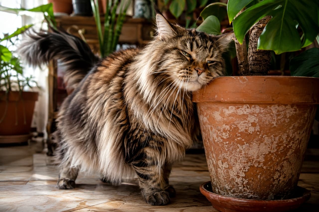 「植物さんにもご挨拶するにゃ🌿 大きなモフモフボディで鉢にスリスリする姿がワイルド＆キュートですね🐈✨ #メインクーン #すりすり #猫のいる風景」Ultra-realistic high-quality photograph of a majestic Maine Coon cat rubbing its face against a large terracotta pot holding a Monstera plant. Warm natural sunlight beautifully illuminates its voluminous fur in an indoor garden setting. 日当たりの良いサンルームで、観葉植物モンステラが植えられた大きなテラコッタ鉢に頬を押し当てるメインクーン。ボリュームのある飾り毛と野性味あふれる豊かな被毛、目を細めた心地よさそうな表情が、アンティーク調の床や植物の緑と見事に調和しています