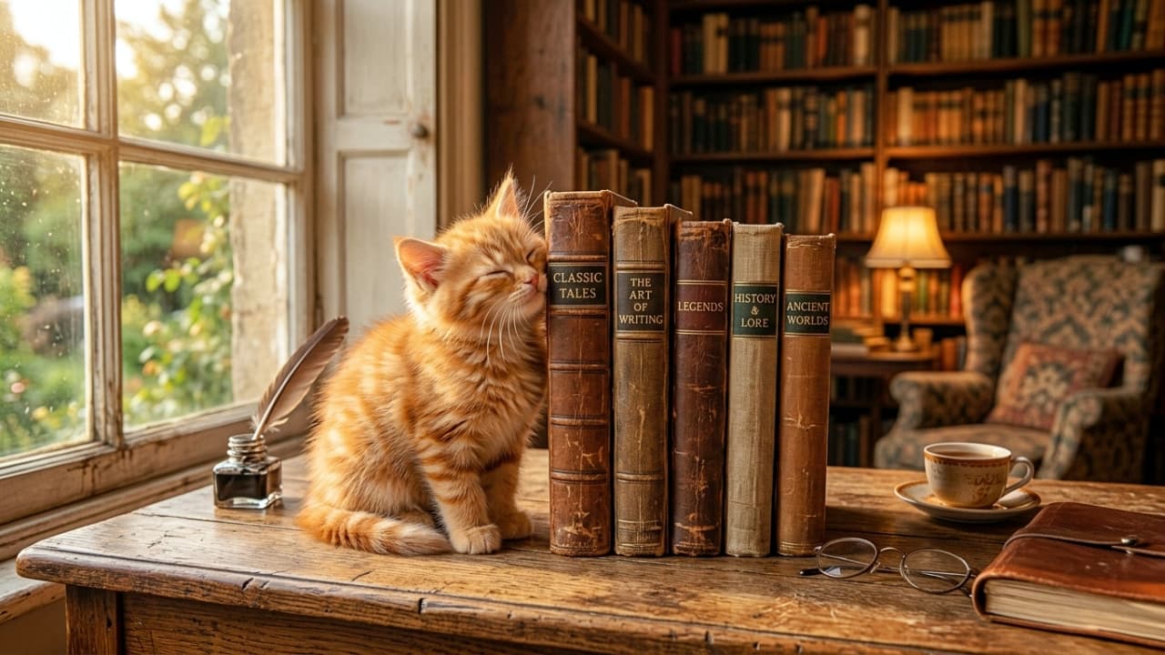 「読書の秋？いいえ、すりすりタイムです📚お気に入りの本に囲まれて大満足な子猫ちゃんでした🐾✨」An ultra-realistic high-quality photograph of an adorable ginger tabby kitten gently rubbing its face against classic antique books lined up on a vintage wooden desk inside an atmospheric library illuminated by soft window light. クラシカルな書斎の木製デスクの上で、立てかけられたアンティークな古書に気持ちよさそうに頬を寄せる茶トラ（ミックス）の子猫。目を細めた愛らしい表情で、左窓からの柔らかい陽光と奥の書棚がシックで温かな雰囲気を与える情景