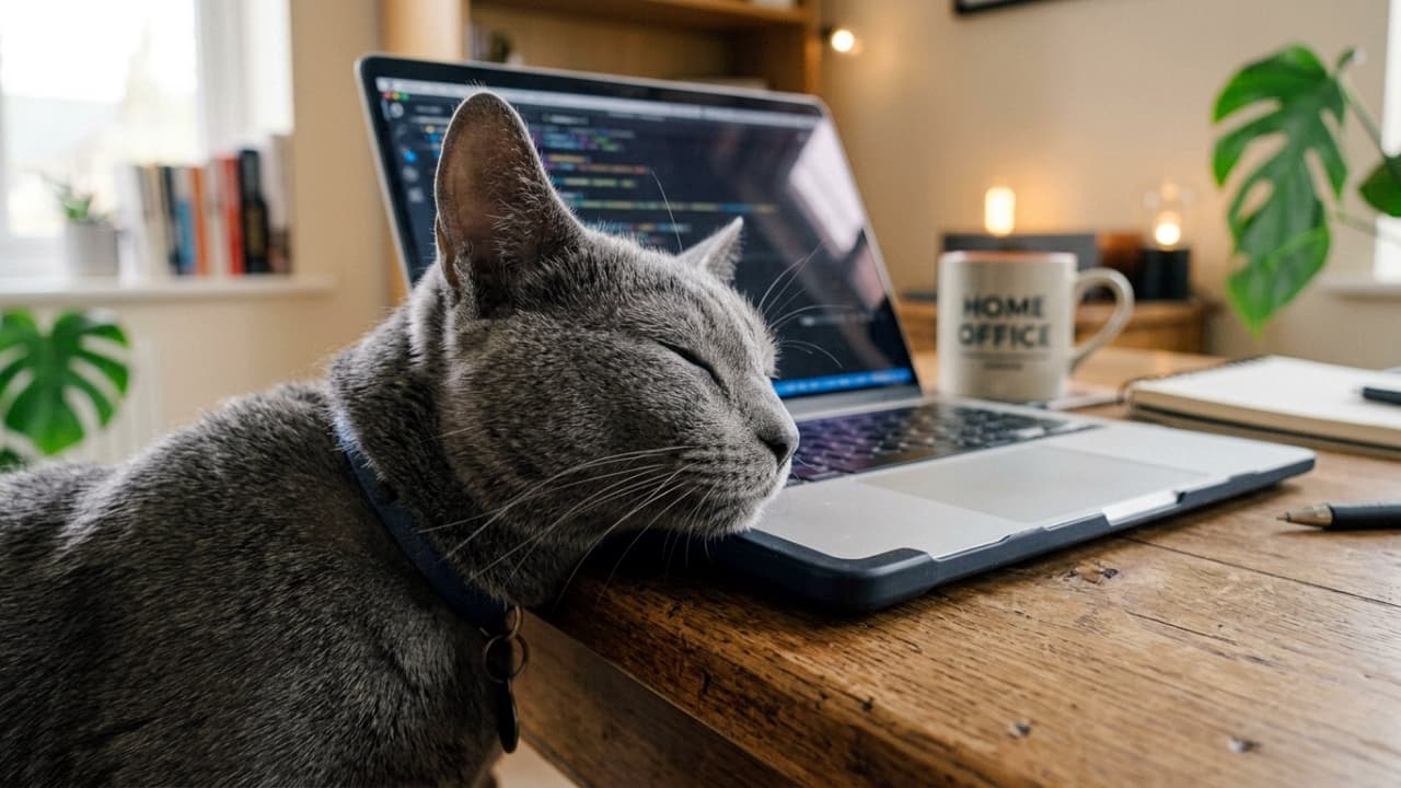 「ご主人のお仕事は私が全力でジャマするにゃ！💻✨ かまってアピールがたまらない至極の表情ですね🐈‍⬛💕 #ロシアンブルー #猫のいる風景」Ultra-realistic high-quality photograph of an elegant gray Russian Blue cat with closed eyes rubbing its chin on the corner of an open black laptop on a wooden desk. Warm home office environment with soft natural lighting, a mug, and a monstera plant in the background, 35mm lens, hyper-realistic depth of field. 窓からの柔らかな自然光が差し込むホームオフィスの木製デスクで、黒いノートパソコンの角に気持ちよさそうに頬を擦り付けるロシアンブルー風のグレーの猫。目を細めた至福の表情、首輪のディテール、背景にボケて映る「HOME OFFICE」のマグカップや観葉植物が、温かくリアルな日常の情景を演出