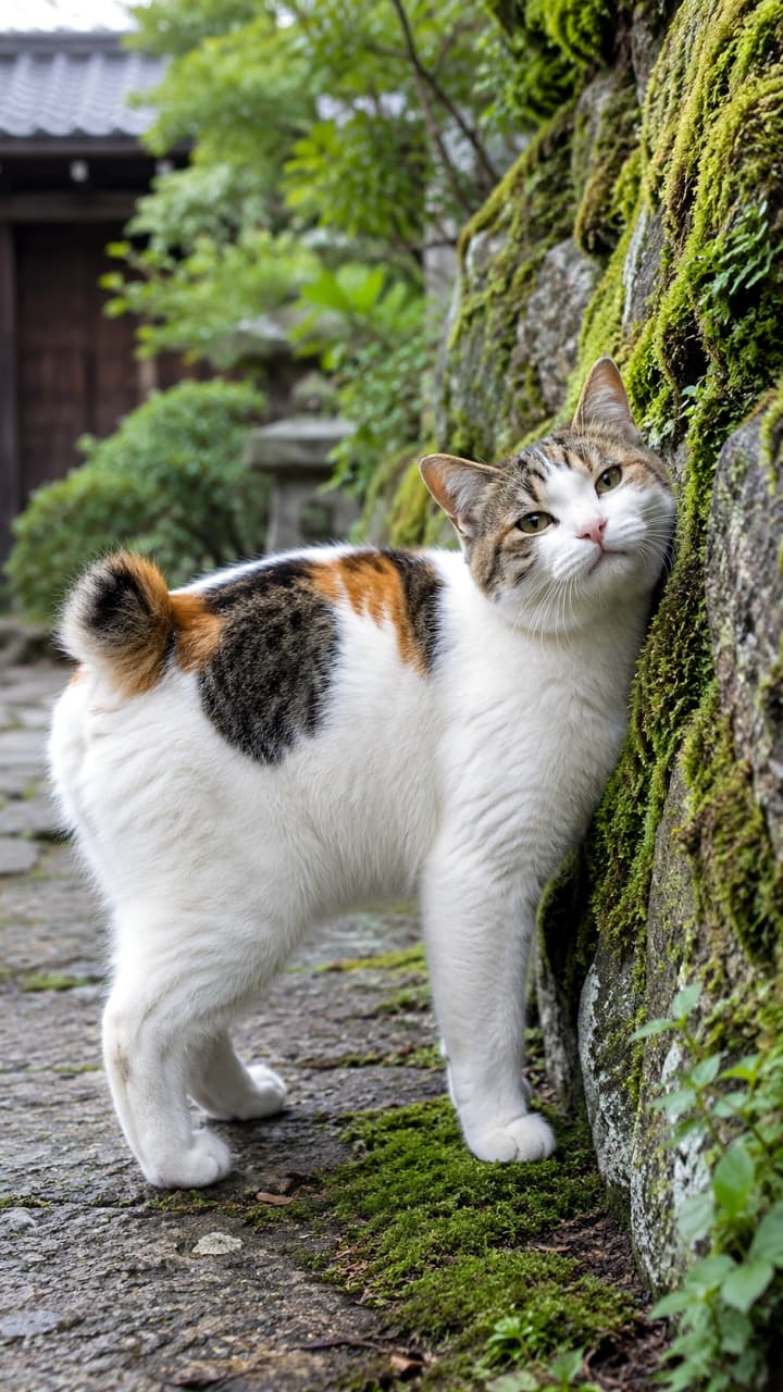 「苔の感触がたまらない？🌿 ジャパニーズボブテイルさんの和風スリスリタイム🐾 #ジャパニーズボブテイル #すりすり #猫のいる風景」A Japanese Bobtail cat with a striking calico coat rubs its body and face against an old, moss-covered stone wall. Its characteristic short pom-pom tail is visible. A lush Japanese garden with greenery is in the background under natural light. Ultra-realistic high-quality photograph. 苔むした古い石壁に体を寄せ、愛らしく顔をこすりつけるジャパニーズボブテイル。白を基調とした三毛猫で、特徴的な短いポンポン尾が印象的。背景には緑豊かな和風庭園が広がり、自然な光が注ぐ