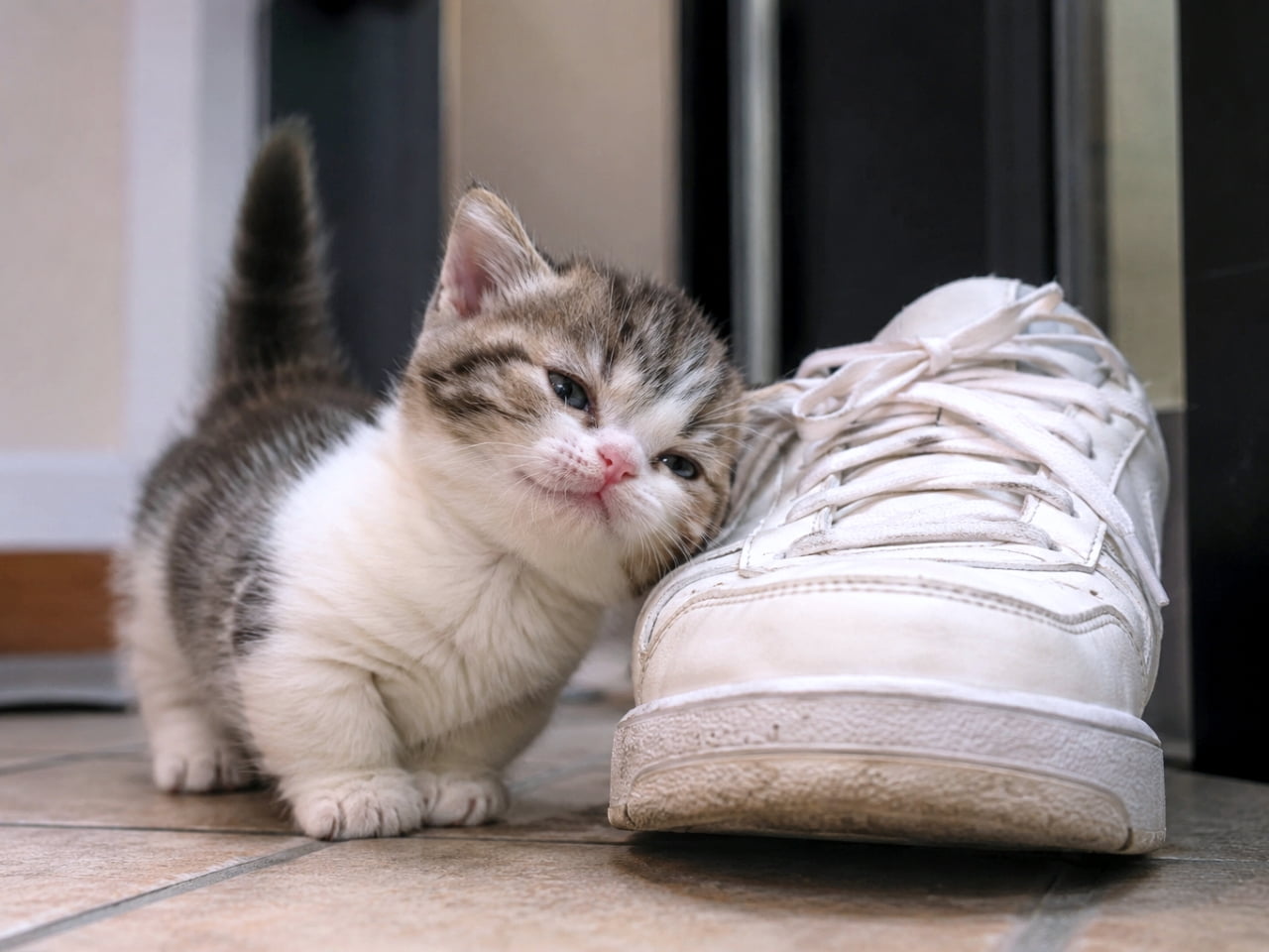 「お出かけしないでずっと一緒にいるにゃ！👟 スニーカーを全身でホールドする短いおててが最高に愛おしいです🐈 #マンチカン子猫 #すりすり #猫のいる風景」Ultra-realistic high-quality photograph of a tiny, short-legged munchkin-style tabby and white kitten rubbing its face affectionately against the toe of a worn white sneaker on a tiled floor. The playful contrast between the large shoe and the small fluffy cat is striking. タイル張りの玄関の床で、大きな白いスニーカーのつま先に顔を強く押し当てて甘えるマンチカン風のキジ白子猫。極端に短い足と、靴の匂いを堪能するかのように目を細めた表情がユーモラスです。靴のリアルな質感と子猫のふわふわ感のコントラストが際立っています