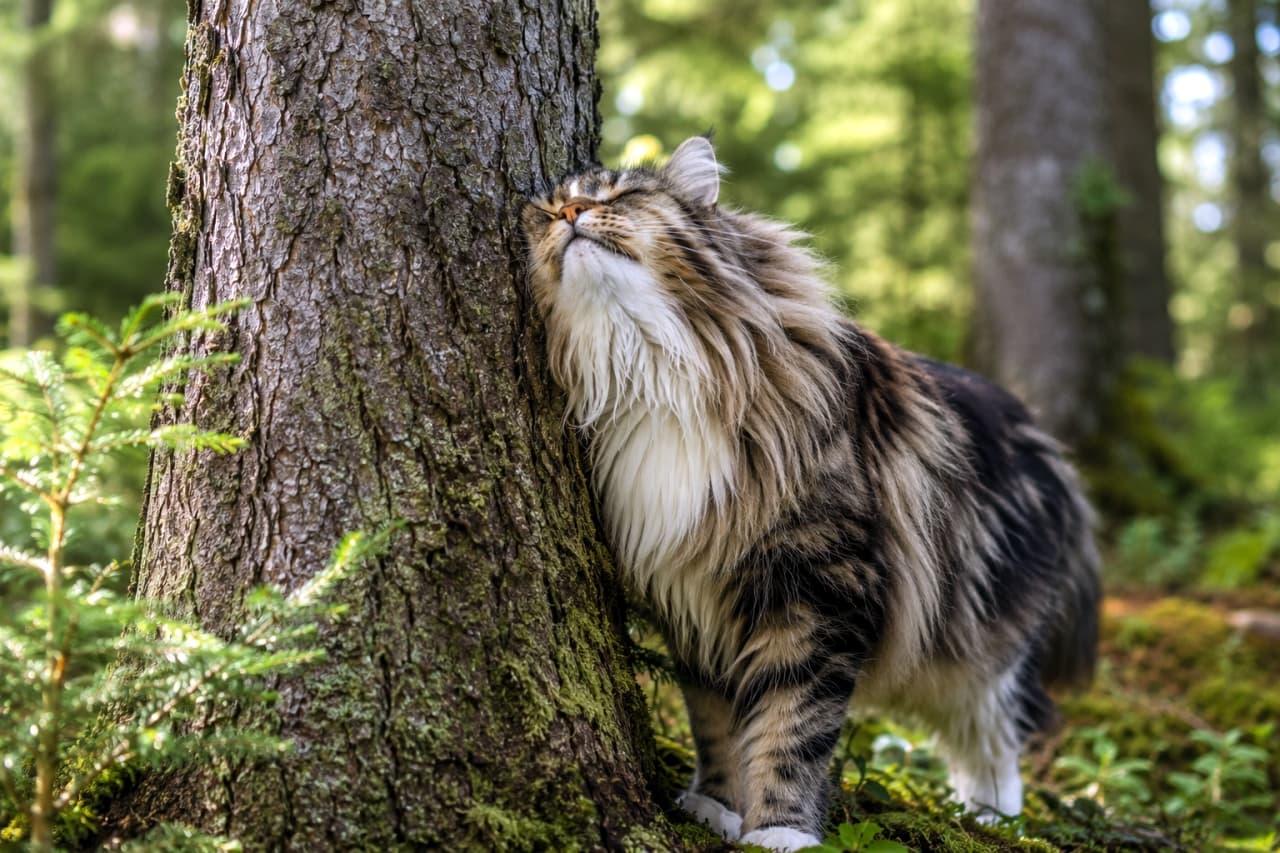 「スリスリ……森の神様にご挨拶。🌲✨ ノルウェージャンの豪華な被毛と森の緑、相性抜群で美しい #ノルウェージャンフォレストキャット #すりすり #猫のいる風景」In a dense forest, an adult Norwegian Forest Cat is rubbing its face against a mossy tree trunk. The cat has long, tabby-and-white striped fur. The luxurious ruff around its neck and blissfully closed eyes are prominent. The background is filled with vibrant green. Ultra-realistic high-quality photograph. 木々が生い茂る森の中で、苔むした木の幹に大人のノルウェージャンフォレストキャットが顔を寄せてスリスリしている。猫の被毛は長く、キジトラと白の縞模様。首の周りの豪華な襟巻きと、幸せそうに閉じられた目が際立つ。背景は鮮やかな緑に包まれている