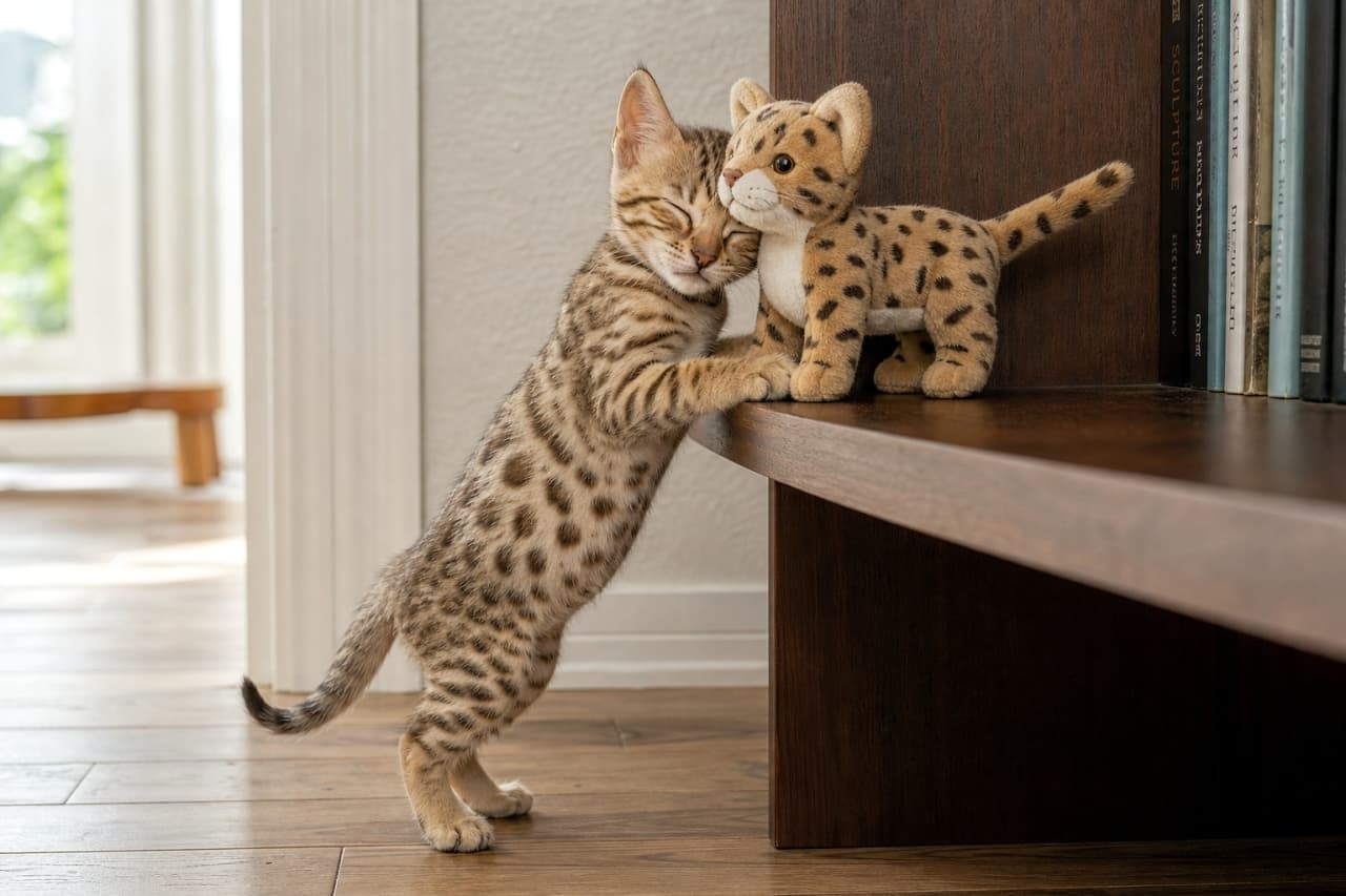「自分とお揃いの模様だニャ🐾そっくりなぬいぐるみにスリスリしてご機嫌なオシキャットの子猫ちゃん💕 #オシキャット #すりすり #子猫のいる風景」An Ocicat kitten with beautiful spotted fur standing on its hind legs, rubbing its face against a miniature matching plush toy on a dark wooden shelf in a bright room. The kitten's eyes are closed in contentment. Ultra-realistic high-quality photograph. 明るい自然光が差し込む部屋で、ダークブラウンの木製シェルフに置かれた自分そっくりの豹柄ぬいぐるみに、後ろ脚で立ち上がって顔をスリスリとこすりつけるオシキャットの子猫。美しいスポット模様と目を閉じた幸せそうな表情が細部まで描写されている