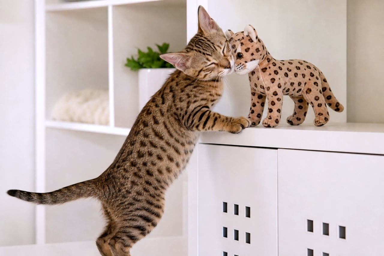 「きょうだいかな？💕そっくりなぬいぐるみにスリスリと挨拶するオシキャットちゃん、愛らしさ満点です🐾 #オシキャット #すりすり #子猫のいる風景」An Ocicat kitten standing on a white shelving unit, rubbing its cheek against a matching spotted cat plush toy in a brightly lit room. Its wild-looking spotted coat and adorable front paw gesture stand out, with a refreshing green plant in the background. Ultra-realistic high-quality photograph. 明るい室内の白い収納シェルフで、自分とそっくりなスポット模様の猫のぬいぐるみに立ち上がって頬をこすりつけるオシキャットの子猫。野性味あふれる被毛と小さな前足の可愛らしい仕草が目を引き、背景の観葉植物が爽やかさを添えている