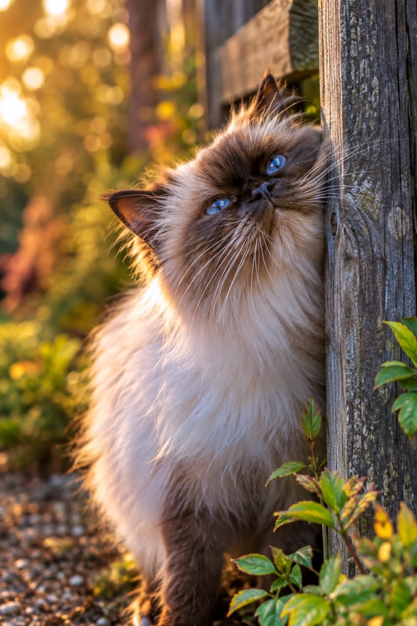 「夕暮れの優しい光に包まれてスリスリ🐾 シニアのヒマラヤンさんが見せる、穏やかで愛おしい時間🌇💕 #ヒマラヤン #すりすり #猫のいる風景」An old Himalayan cat with striking blue eyes and fluffy point-color fur rubbing its cheek against a weathered wooden garden fence during the golden hour. The rich colors and soft bokeh background highlight the emotional pet portrait. Ultra-realistic high-quality photograph. ゴールデンアワーの温かい光の中、風化した木の庭柵にふかふかの頬をこすりつけるシニアのヒマラヤン猫。印象的な青い瞳とポイントカラーの長毛が夕日に照らされて黄金色に輝き、背景の植物が柔らかなボケ味で情感豊かに表現されている