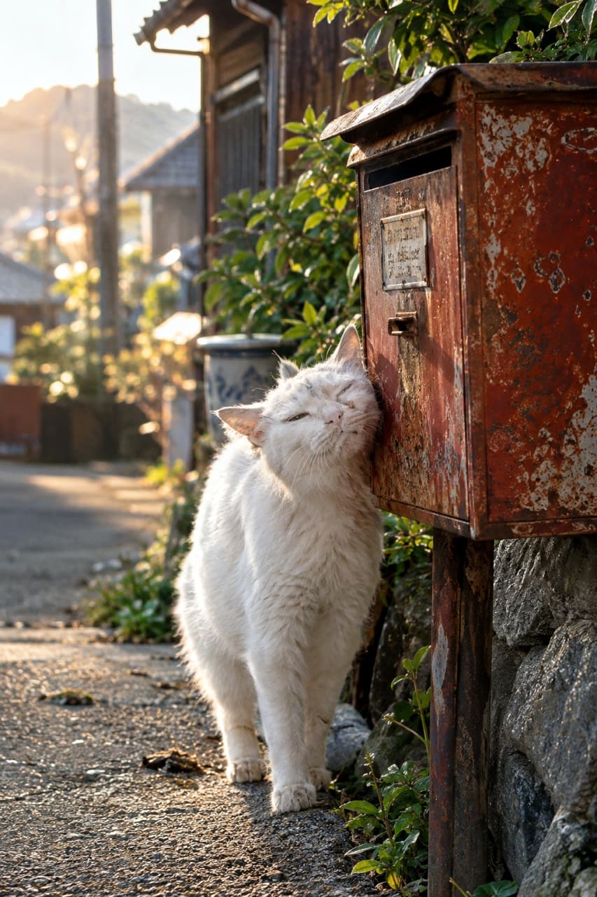 「いつもの散歩道、お気に入りの赤いポストにご挨拶📮✨夕日に照らされた白猫さんの穏やかな時間にほっこり #白猫 #すりすり #猫のいる風景」An old white mixed-breed cat rubbing its face against a rusty red vintage mailbox in a nostalgic alleyway bathed in golden sunset light. The slightly disheveled fur and narrowed eyes convey a peaceful moment, with old Japanese houses in the background evoking nostalgia. Ultra-realistic high-quality photograph. 黄金色の夕日が差し込むノスタルジックな路地裏で、錆びた古い赤い郵便ポストに顔をこすりつける年老いた白い雑種猫。少しボサボサとした毛並みや細められた目から穏やかな時間が感じられ、背景の古い日本家屋が郷愁を誘う