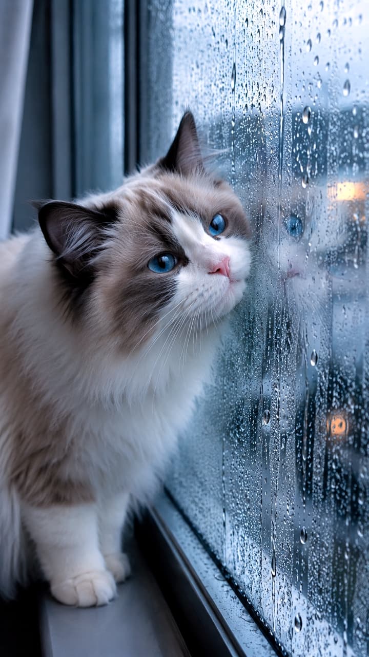 「雨の日のおうち時間☔️窓ガラスのひんやり感が気持ちいいのかな？ブルーの瞳に吸い込まれそう💎✨ #ラグドール #すりすり #猫のいる風景」A young Ragdoll cat looking out a rain-streaked window, pressing its face against the glass. Its beautiful clear blue eyes, striking bicolor facial markings, and silky fur stand out in the cool blue lighting, with the cat's profile reflected in the window. Ultra-realistic high-quality photograph. 雨粒が滴る窓ガラスに顔を寄せ、外を見つめるラグドールの若猫。透き通るような美しい青い瞳と、顔周りのハチワレ模様、絹のように滑らかな被毛が青みがかった照明の中で際立っている。窓ガラスには猫の横顔が反射して映っている