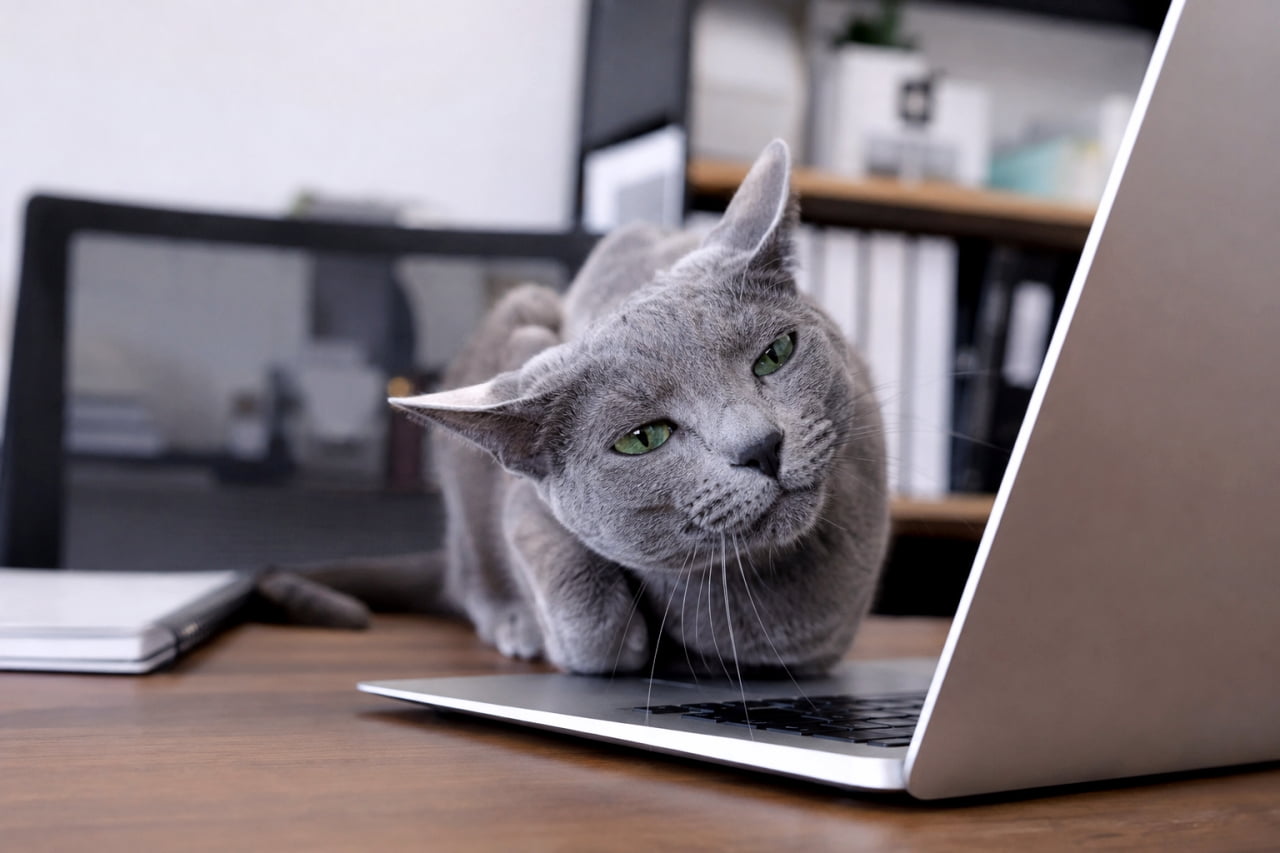 「「ねえねえ、お仕事もう終わりにしない？」💻🐾 ロシアンブルーのこんな可愛いテレワーク妨害なら大歓迎ですよね🥺💚 #ロシアンブルー #猫のいる風景」Ultra-realistic high-quality photograph of a beautiful Russian Blue cat leaning on a silver laptop keyboard on a wooden desk, affectionately rubbing its cheek against the screen. The soft indoor lighting highlights its velvety blue-grey coat and striking emerald green eyes, perfectly capturing an adorable moment of a cat interrupting work in a softly blurred home office environment. オフィスルームの木製デスクで、開かれたシルバーのノートパソコンのキーボードに身を乗り出し、画面の端に頬をすり寄せる美しいロシアンブルーの猫。特徴的なブルーグレーのビロードのような被毛と、少し不満げな表情に光る鮮やかなエメラルドグリーンの瞳が印象的です。背景にはぼやけたオフィスチェアや本棚が写り込み、柔らかな室内光が「かまってほしい」という愛らしい瞬間を極めてリアルに照らし出しています
