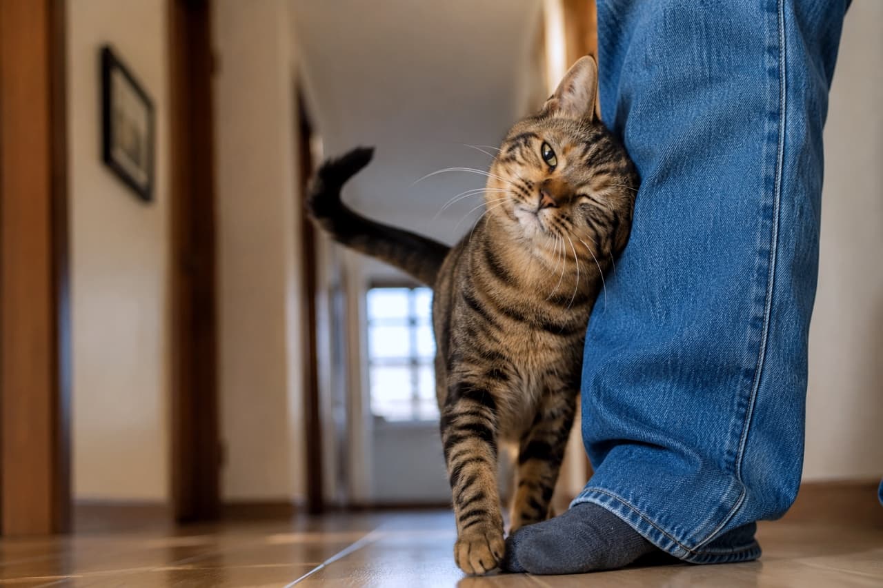 「ひとときも離れたくない究極の甘えん坊！👖 足元から伝わる重みと温もりが、猫好きにはたまらないご褒美ですね🐈✨ #キジトラ #すりすり #猫のいる風景」Ultra-realistic high-quality photograph of a devoted tabby cat rubbing its head and body affectionately against its owner's jeans-clad leg. The cat's gently curved tail, blissfully closed eyes, and beautifully detailed striped coat are highlighted against a blurred hallway background. 室内を歩く飼い主のブルージーンズのふくらはぎ部分に、立ち止まって頭と体を強く擦り付けるキジトラ猫。くるんと曲がったしっぽ、目を細めて甘え切った表情、美しい縞模様が自然光の中でリアルに表現されています。背景には奥へと続く廊下とドアがボケて映っています