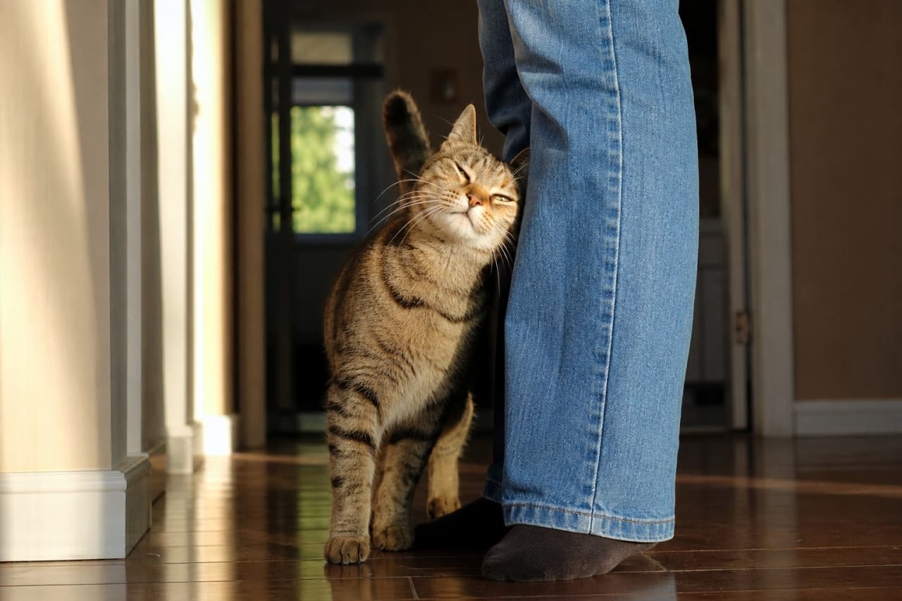 「お帰りなさいの激しいスリスリ攻撃！🐾 温かい日差しの中で甘える姿に心癒やされる最高のひとときですね☀️ #キジトラ #すりすり #猫のいる風景」Ultra-realistic high-quality photograph of an affectionate tabby cat rubbing its cheek against the denim-clad leg of its owner in a sunlit hallway. The warm golden hour lighting highlights the cat's beautiful striped coat and blissfully closed eyes. 温かい夕日が差し込む室内の廊下で、ブルージーンズを履いた飼い主の足元に力強く頬を擦り付けるキジトラ猫。美しい縞模様の被毛と、目を細めて甘える至福の表情が印象的です。背景の光と影のコントラストがノスタルジックな雰囲気を演出