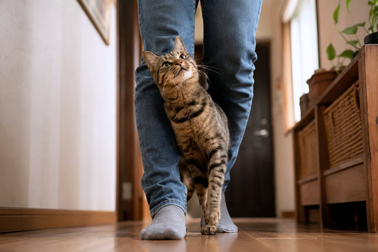 「飼い主さんの行く手は私が阻むにゃ🐾 足元にまとわりつく絶妙なステップは猫ちゃん特有の愛情表現ですね💕 #キジトラ #すりすり #猫のいる風景」Ultra-realistic high-quality photograph of a curious tabby cat weaving intricately through the denim-clad legs of its owner walking down a wooden hallway. The cat looks up with bright green eyes, set against a warm, inviting home interior with wooden furniture. 木目の美しい廊下を歩く飼い主のブルージーンズの足の間を、器用に8の字を描くようにすり抜けながら見上げるキジトラ猫。ピンと張ったヒゲと、大きく見開かれたグリーンの瞳が好奇心に満ちています。背景の木製キャビネットや観葉植物が、温かみのある家庭の風景を描き出しています