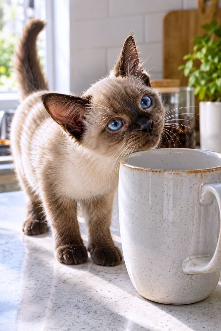 「コーヒータイムにお邪魔虫☕️ トンキニーズ子猫のスリスリ大作戦🐾💙 #トンキニーズ #すりすり #猫のいる風景」A Tonkinese kitten with striking blue eyes and delicate point color fur rubs its face against a stone-patterned mug on a white kitchen counter. Glass jars filled with coffee beans are in the background under natural light. Ultra-realistic high-quality photograph. 白いキッチンカウンターの上で、コーヒー豆の入ったガラス瓶を背景に、石目調のマグカップに顔をこすりつけるトンキニーズの子猫。美しい青い瞳と、ポイントカラーのある繊細な被毛が印象的