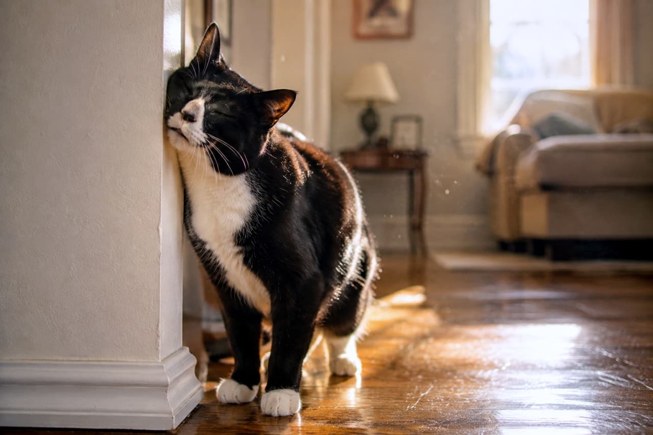 「壁の角ってどうしてこんなに最高にゃの🐾 目を細めてスリスリを堪能する姿に、見ているこっちまで幸せな気分になりますね☀️ #ハチワレ老猫 #すりすり #猫のいる風景」Ultra-realistic high-quality photograph of a tuxedo cat with a black and white coat affectionately rubbing its face against a white wall corner in a sunlit living room. The warm sunlight highlights its glistening whiskers and sleek fur, with a beautifully blurred background featuring a cozy interior setting. 暖かな陽光が差し込むリビングルームで、白い壁の角に顔を強く押し当てて頬ずりする黒白のハチワレ猫。ギュッと目を閉じた至福の表情と、光に透けて輝く長いヒゲ、艶やかな黒い被毛が詳細に描写されています。背景のソファやランプが美しいボケ味を作り出し、空気中の光の粒子まで感じられるノスタルジックな情景