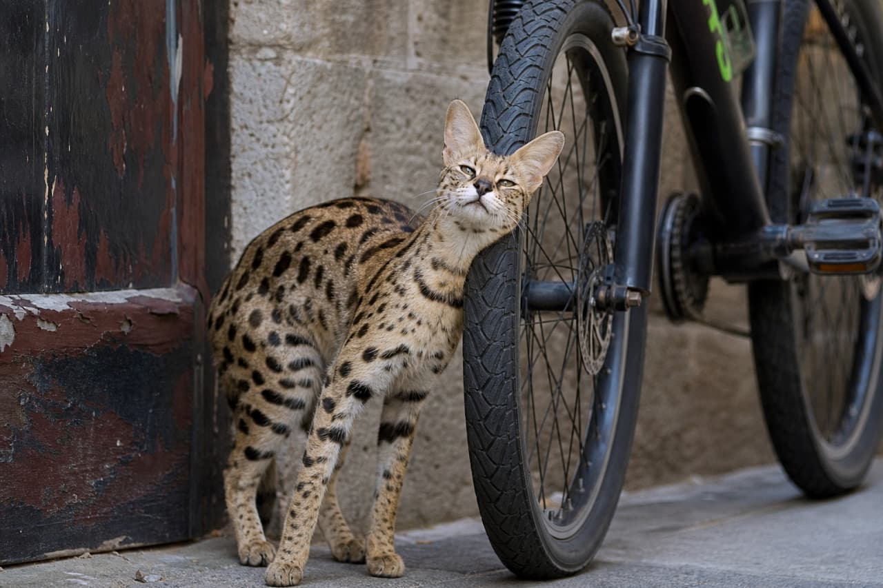 「自転車は僕の？🚲 サバンナキャットさんの路上スリスリ🐾野生の美しさと日常の共存💕 #サバンナキャット #すりすり #猫のいる風景」A young Savannah cat with striking spotted patterns, a slim body, and large ears rubs its chin and cheek against a bicycle's front tire in an alleyway with a weathered wooden door in the background. Its eyes are closed in contentment. The contrast between the rubber tire and the cat's fur is highly realistic. Ultra-realistic high-quality photograph. 路上（コンクリート）で、古びた木のドアを背景に、自転車のフロントタイヤに顎と頬をこすりつけ、目を細めて気持ちよさそうにスリスリしている若いサバンナキャット。鮮やかな豹柄（スポット模様）の被毛と大きな耳、スリムな体が特徴。タイヤのゴムの質感と猫の毛並みの対比がリアル