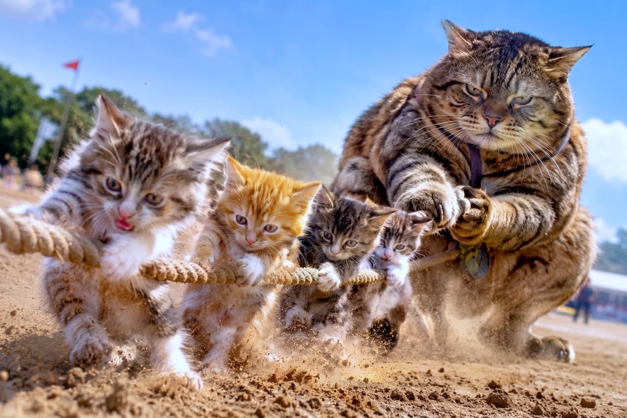 「大人猫vs子猫軍団の白熱した綱引きバトル！🔥 大きな相手にも負けずに全力で引っ張る姿に拍手👏✨ #猫 #綱引き #運動会」Ultra-realistic high-quality photograph of a massive brown tabby adult cat and four kittens (long-haired tabby, orange tabby, brown tabby) competing in a tug-of-war with a thick rope on a dirt ground. The adult cat leans back with overwhelming presence, while the kittens desperately pull the rope, kicking up dust with fierce expressions under a blue sky. 運動会のグラウンドで、巨大なキジトラの大人猫と4匹の子猫たち（長毛キジトラ、茶トラ、キジトラなど）が太いロープを引っ張り合う綱引きの超リアルな高画質写真。大人猫は後傾姿勢でどっしりと構え、子猫たちは土埃を上げながら必死な形相で前脚でロープを掴んでいる。青空の下の熱戦がダイナミックに描かれている