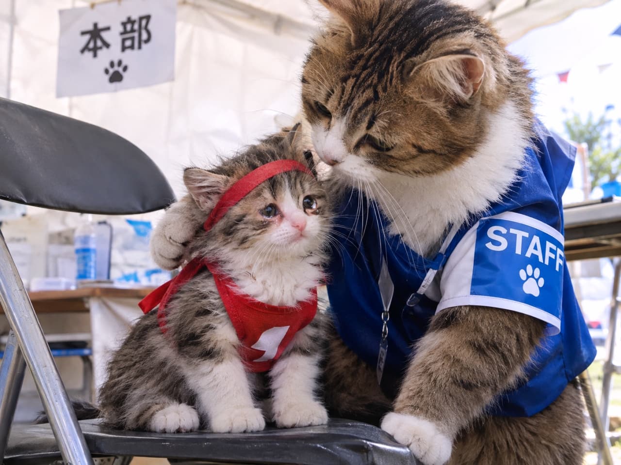 「迷子になっても大丈夫🐾 本部テントの優しいスタッフ猫さんが、泣いている子猫をしっかりサポートします🤝✨ #猫 #思いやり #本部テント #運動会」Ultra-realistic high-quality photograph of a brown tabby-and-white adult cat wearing a blue "STAFF" bib gently comforting a teary-eyed tabby-and-white kitten inside a sports day headquarters tent. The adult cat has its paw around the kitten, who wears a red headband and bib. A "Headquarters" sign and folding chairs are visible in the background under dramatic soft lighting. 運動会の本部テントで、青い「STAFF」ビブスを着たキジ白の大人猫が、涙ぐむキジ白の子猫を優しく慰めている超リアルな高画質写真。赤いハチマキとゼッケンをつけた子猫の肩に大人猫が前脚を回し、慈愛に満ちた瞳で見つめている。背景には「本部」と書かれた看板やパイプ椅子が見え、ドラマチックな光が優しく差し込んでいる