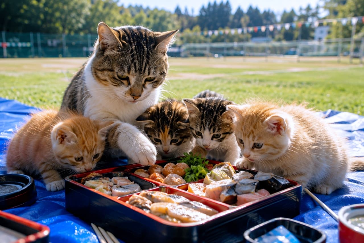 「運動会の楽しみはやっぱりお弁当！🍱 みんなで仲良く囲むランチタイムは笑顔があふれます☀️ #猫 #お弁当 #運動会」Ultra-realistic high-quality photograph of a brown tabby-and-white adult cat and four kittens (orange tabby, calico, brown tabby) gathering around a fancy bento box on a blue tarp under a blue sky at a sports day. The adult cat reaches for the food while the kittens look on with great interest, with a grassy field and colorful bunting in the background. 運動会の青空の下、青いレジャーシートの上で豪華なお弁当を囲むキジトラ白の親猫と4匹の子猫たち（茶トラ、三毛、キジトラ）の超リアルな高画質写真。親猫が前脚を伸ばしておかずに触れようとし、子猫たちが興味津々に覗き込んでいる。背景には芝生のグラウンドや万国旗が見え、和やかな雰囲気が漂っている