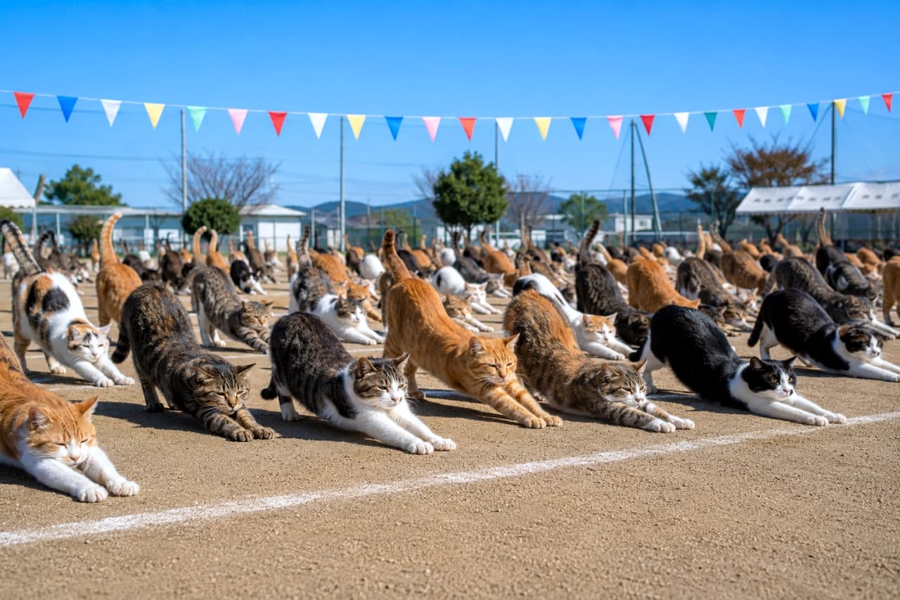 「競技の前にしっかり準備体操！🧘‍♀️ みんなで揃って伸びをする姿は圧巻の一言です☀️ #猫 #準備体操 #運動会」Ultra-realistic high-quality photograph of a massive group of cats simultaneously doing stretching exercises (stretching their front legs forward) on a large dirt ground under a cloudless blue sky with colorful bunting. In the foreground, orange tabbies, brown tabbies, and tabby-and-white cats are lined up perfectly, creating an overwhelming sense of scale extending into the background. 雲一つない青空とカラフルな万国旗の下、広大な土のグラウンドで大勢の猫たちが一斉に前脚を伸ばして準備体操（伸びのポーズ）をしている超リアルな高画質写真。手前には茶トラ、キジトラ、キジトラ白の猫たちが整然と並んでポーズをとり、奥まで無数の猫が連なる圧巻のスケール感