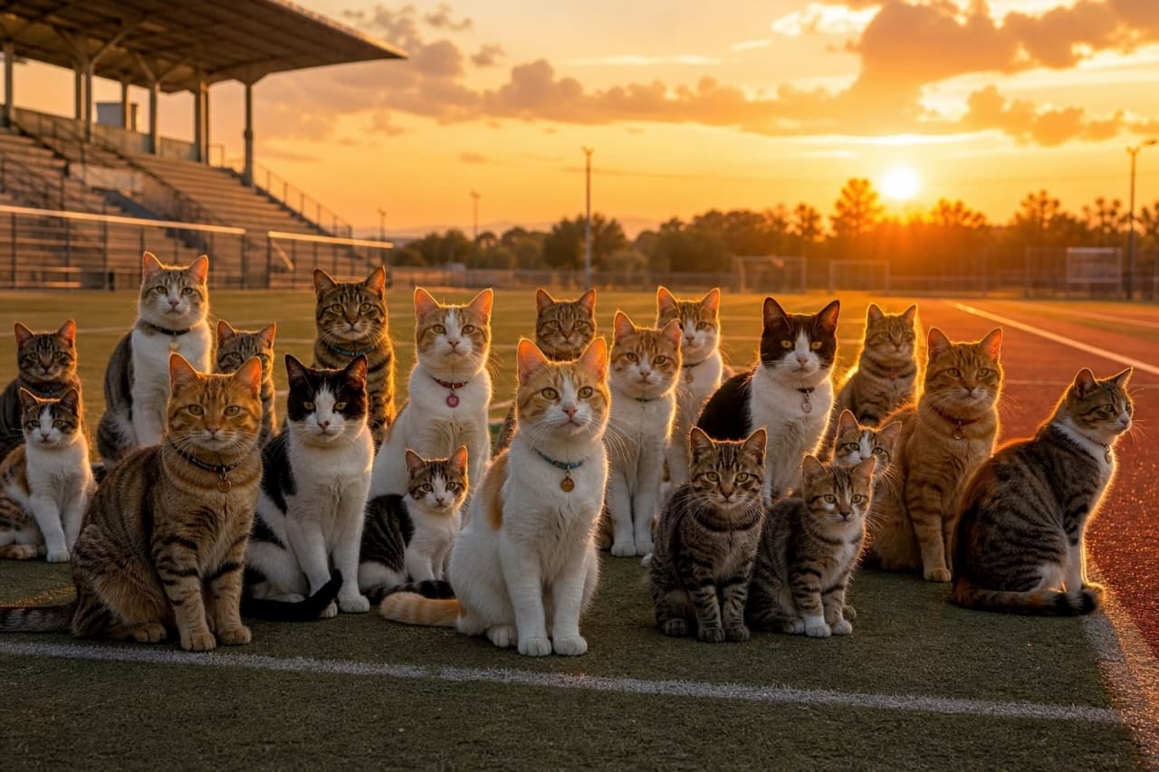 「白熱の運動会もこれにて閉幕！🌅 黄金色の夕日に包まれたみんなの誇らしげな表情に、胸が熱くなりますね✨ 今日はゆっくり休んでね🐈💤 #猫 #夕焼け #大団円 #運動会」A cinematic, ultra-realistic high-quality photograph of many adult cats and kittens (including brown tabbies, tuxedos, orange tabbies, and white cats) gathered neatly on a sports field during a stunning golden hour sunset. A warm orange glow illuminates their highly detailed fur from behind, casting long beautiful shadows. The gently blurred stadium bleachers and trees in the background enhance the sense of accomplishment and calm at the end of the sports day. 運動会の終わりを告げる美しい夕暮れ時、グラウンドの芝生の上に整然と集まってお座りする、キジトラ、白黒、茶トラ、白猫など多彩な大人猫と子猫たちの超リアルな高画質写真。黄金色の夕日が背後から差し込み、猫たちのふさふさとした被毛を温かいオレンジ色に染め上げている。長く伸びる影と、背景にぼんやりと見えるスタジアムの観客席や木々が、すべてをやり遂げた後の穏やかでエモーショナルな達成感を演出