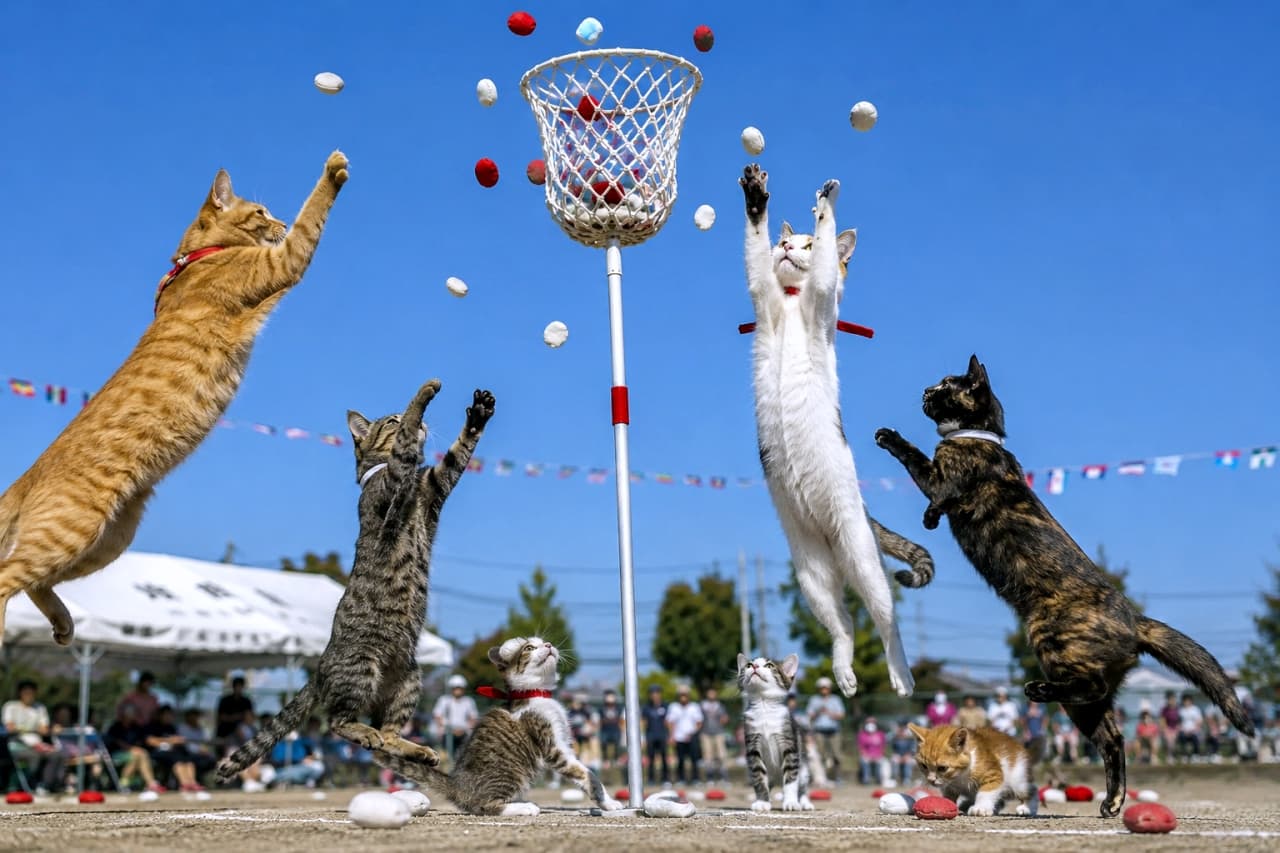 「玉入れ競争で、紅白の玉が飛び交う！🏀 猫ちゃんたちのジャンプ力と躍動感に、圧倒されます！✨ #玉入れ #大人猫 #子猫 #運動会」Ultra-realistic high-quality photograph of adult cats and kittens participating in a tamaire (ball toss) competition under a vibrant blue sky with bunting. Red and white balls fly through the air as cats like the orange tabby on the left, white cat on the right, and brown tabby in the back jump to catch them or aim for the basket. Tabby-and-white and orange-and-white kittens look up from below. The background shows blurred spectators and tents. 鮮やかな青空と万国旗がたなびく中、運動会の玉入れ競争で、玉入れの籠に向かってジャンプしたり、玉を追ったりする大人猫と子猫たちの超リアルな高画質写真。紅白の玉が飛び交う中、左側の茶トラ、右側の白猫やキジトラがジャンプしている。手前にはキジトラ白や茶トラ白の子猫たちが玉を見つめている。背景にはぼかされた観客やテントが見える