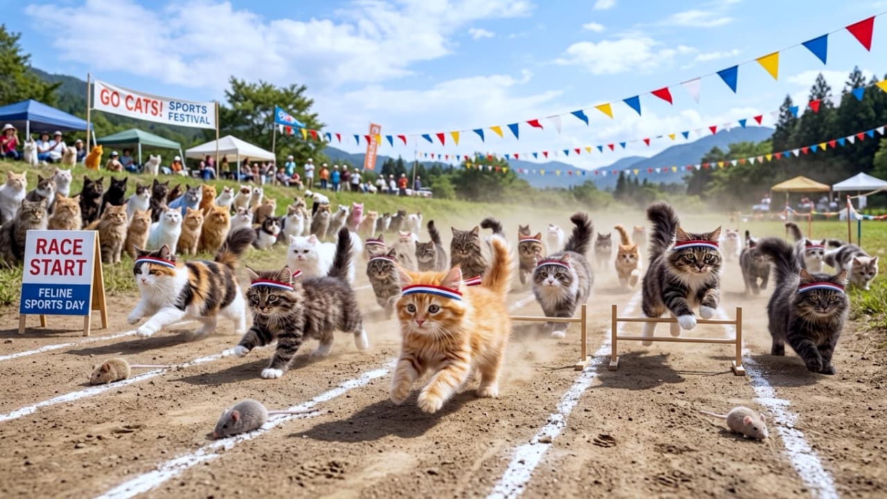 「位置について、よーいドン！🐾ハチマキを締めて全力疾走するみんなの真剣な表情から目が離せないね走り抜けよう🏃‍♂️✨」Ultra-realistic high-quality wide-angle photograph of a large group of diverse cats participating in a sports day race on a sunny dirt field. In the foreground, a ginger kitten and several tabby cats wearing colorful headbands sprint along white lane lines, with one long-haired tabby leaping over a mini hurdle. The background features colorful sports festival banners fluttering against a clear blue sky, green hills, and a crowd of spectators. 晴れ渡る青空の下、グラウンドの白線コースを大勢の猫たちが一斉に全力疾走するダイナミックな運動会の風景。手前中央には赤白青のハチマキを締めた茶トラの子猫、左には三毛猫やキジトラ白の子猫、右には障害物を飛び越える長毛のキジトラ大猫など、毛色や品種が異なる多数の猫たちが真剣な表情で走っている。コース上にはおもちゃのネズミが置かれ、背景にはカラフルな万国旗、観客席の猫たちやテント、遠くの緑豊かな山並みがリアルかつ解像度高く描かれている