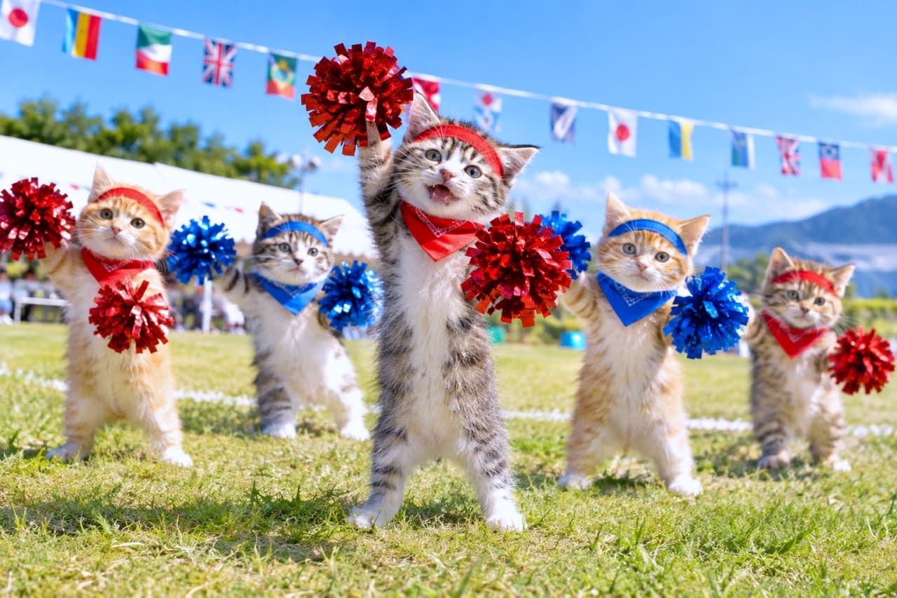 「フレー！フレー！📣 青空の下、元気いっぱいの子猫チアリーダー隊がみんなにパワーをお届けします✨ #猫 #子猫 #チアダンス #運動会」Ultra-realistic high-quality photograph of five kittens (including tabby-and-white and orange-and-white) performing a cheerleading dance on a grassy ground under a clear blue sky with colorful bunting. Wearing red and blue bandanas and headbands, they stand on their hind legs enthusiastically waving shiny red and blue pom-poms. The center tabby-and-white kitten has an adorable open-mouthed expression. 抜けるような青空と万国旗を背景に、芝生のグラウンドでチアダンスを踊る5匹の子猫たち（キジ白、茶トラ白など）の超リアルな高画質写真。赤や青のバンダナとハチマキを身につけ、後ろ脚で立ち上がりながらキラキラ光る赤と青のポンポンを元気いっぱいに振っている。中央のキジ白子猫が口を大きく開けてアピールする表情が愛らしい