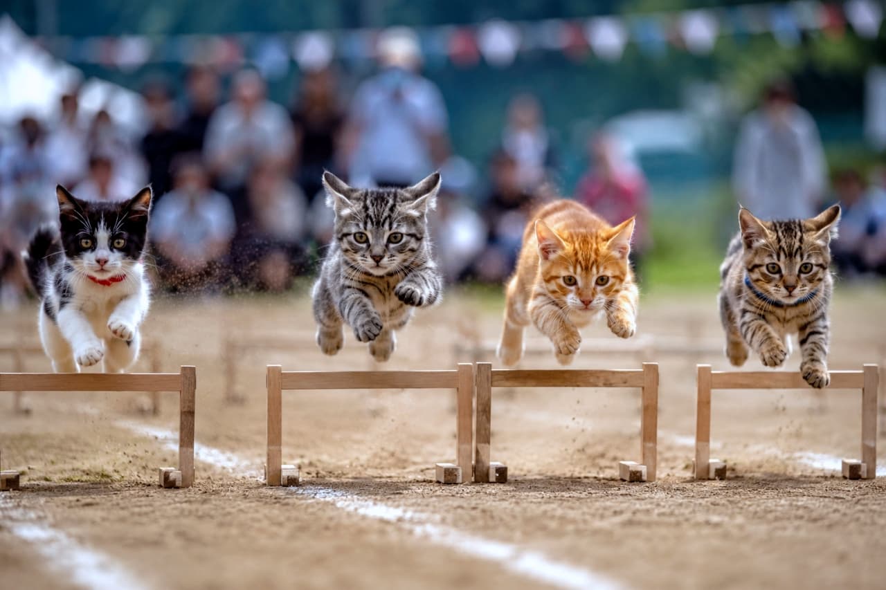 「みんな揃って大ジャンプ！🐾 小さなハードルを一生懸命に越える姿に全力でエールを送りたいですね📣✨ #猫 #子猫 #ハードル走 #運動会」Ultra-realistic high-quality photograph of four kittens (black and white, brown tabby, orange tabby, brown tabby) jumping in a row over small wooden hurdles on a dirt sports day track. Their dynamic poses in mid-air with tucked front paws and serious expressions are captured perfectly. The background features blurred spectators and bunting. 運動会の土のトラックで、4匹の子猫（左から黒白、キジトラ、茶トラ、キジトラ）が横一列に並び、小さな木製のハードルを一斉に飛び越える超リアルな高画質写真。前脚を畳んで宙に浮く躍動感あるポーズと真剣な表情が捉えられている。背景にはぼやけた観客席と万国旗が見える