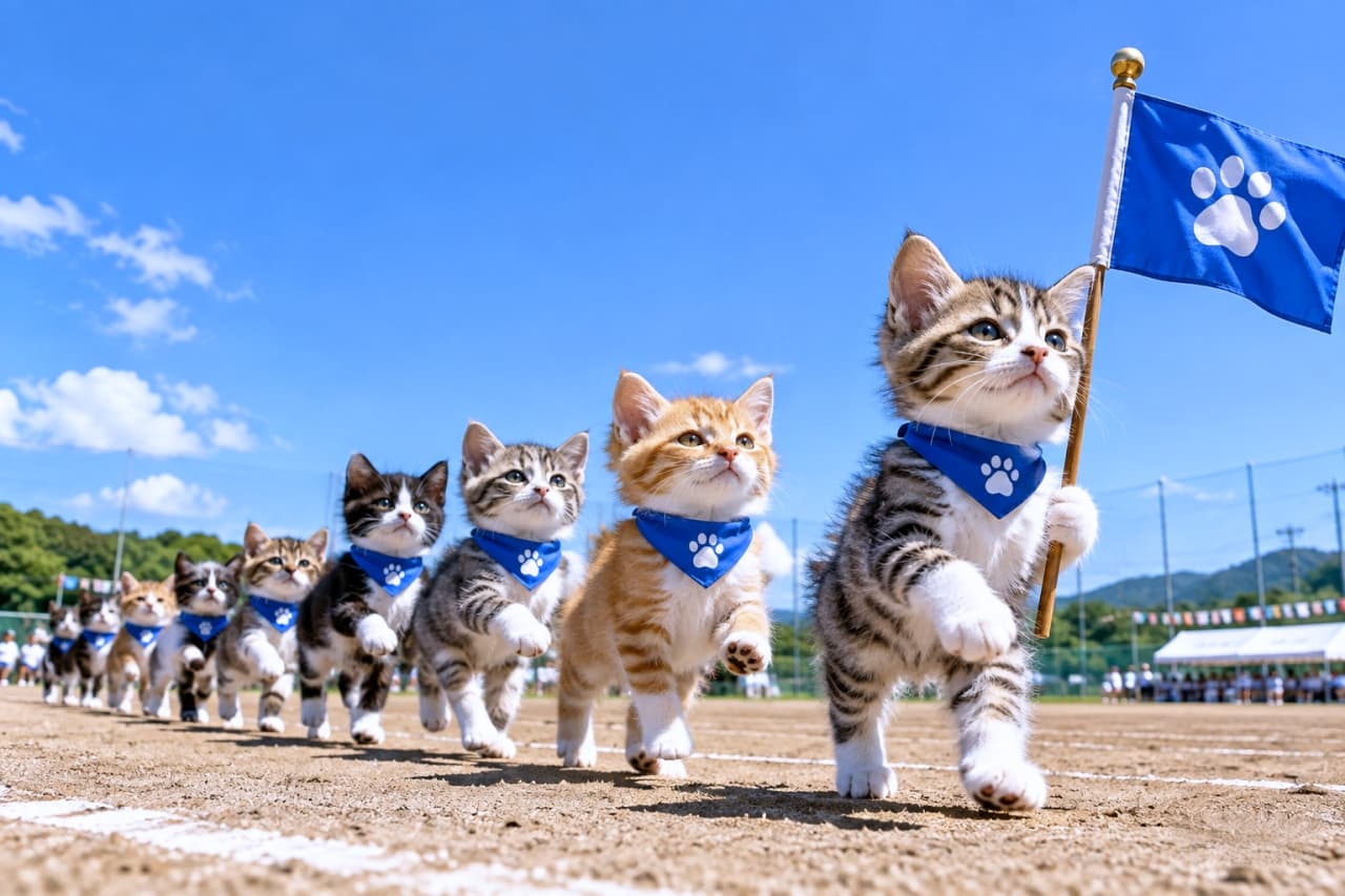 「青空の下、お揃いのバンダナを巻いて元気いっぱいの入場行進！🐾 足並み揃えて1,2,1,2🎶 #猫 #子猫 #入場行進 #運動会」Ultra-realistic high-quality photograph of kittens marching in a parade on a dirt track under a clear blue sky at a sports day. The leading tabby-and-white kitten carries a blue flag with a paw print, followed by orange-and-white and black-and-white kittens wearing matching blue bandanas, all marching energetically with their paws raised. Colorful bunting and white tents fill the background. 抜けるような青空の下、運動会の土のトラックで入場行進をする子猫たちの超リアルな高画質写真。先頭のキジ白子猫は青い肉球マークの旗を掲げ、続く茶白や黒白の子猫たちもお揃いの青いバンダナを巻いて、前脚を高く上げて元気よく歩調を合わせている。背景には万国旗と白いテントが鮮やかに広がる