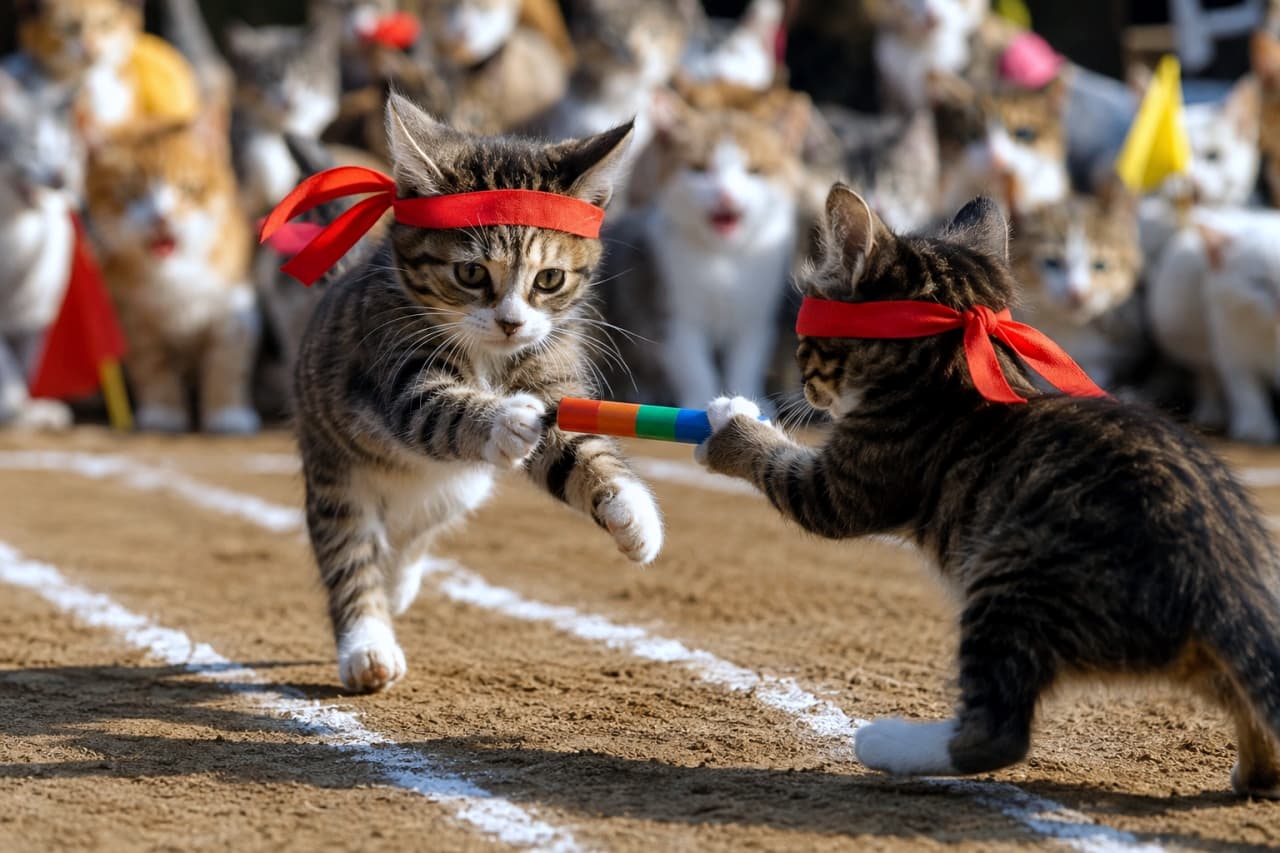 「運動会の花形、リレーのバトンパス！🏃‍♂️ 息の合った完璧な連携プレーに会場のボルテージも最高潮🔥 #子猫 #リレー #運動会」Ultra-realistic high-quality photograph of two brown tabby kittens wearing red headbands passing a colorful baton during a sports day relay race on a dirt track. The intense eyes and crossing paws of the runners are perfectly captured. A crowd of cat spectators lines the background behind the white track lines. 運動会のリレー競技で、赤ハチマキを巻いた2匹のキジトラ子猫が全力でカラフルなバトンをパスする瞬間の超リアルな高画質写真。走ってくる子猫と受け取る子猫の真剣な瞳と交差する前脚がダイナミックに捉えられている。背景には大勢の猫の観客が並び、土のトラックに引かれた白線が際立つ