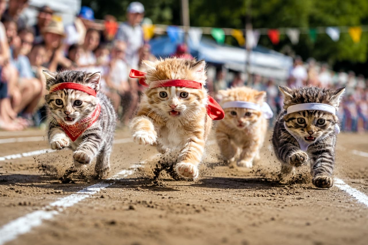 「ゴールを目指して全力疾走！💨 必死な表情で走る子猫たちの躍動感に、元気がもらえます！🏁 #徒競走 #子猫 #運動会」Ultra-realistic high-quality photograph of four kittens, wearing red and white headbands, running a race towards the camera on a dirt sports day track. The front-left brown tabby (with a bandana), center orange tabby, right brown tabby, and background orange tabby are all running hard, paws kicking up dust, with fierce expressions. The blurred background shows a large crowd, white tents, and bunting under bright sunlight. 動会の徒競走トラックで、カメラに向かって疾走する、赤と白のハチマキを締めた4匹の子猫たちの超リアルな高画質写真。手前左のキジトラ（バンダナ付き）、中央の茶トラ、右のキジトラ、奥の茶トラが、全員で前脚を上げて必死な表情で走っている。土煙が上がり、背景にはぼかされた大勢の観客や白いテント、万国旗が見える