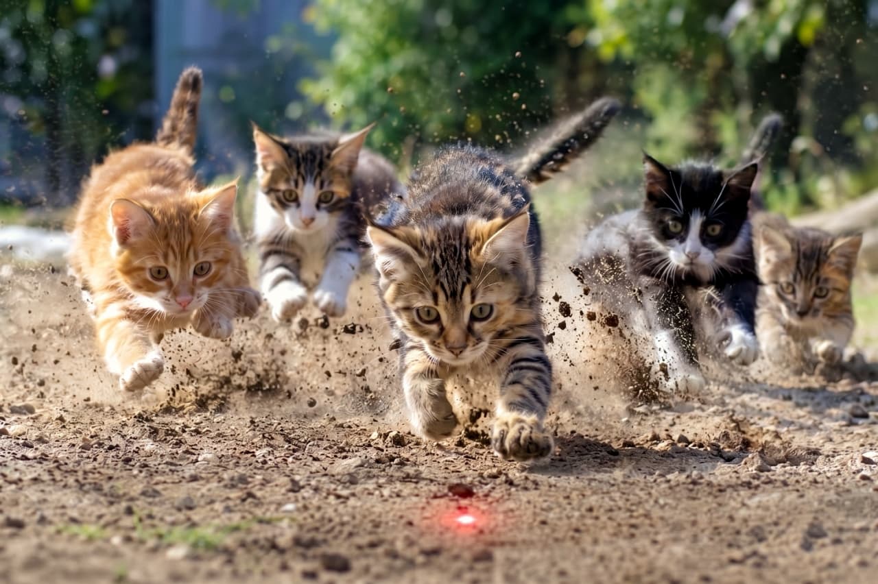 「あの赤い光は絶対に捕まえるにゃ！🔥 土埃を上げて猛ダッシュする子猫たちの真剣すぎる表情から目が離せません👀💨 #猫 #子猫 #レーザーポインター #運動会」A hyper-realistic, high-quality action photograph of a pack of kittens (including an orange tabby, tabby-and-white, brown tabby, and tuxedo) sprinting frantically across a dirt track, all staring intensely at a small glowing red laser dot on the ground ahead of them. Dirt explodes from their paws in a dynamic, high-speed capture showcasing their hilarious and intense expressions, 8k. 運動会の土のトラックで、地面に照射された小さなレーザーポインターの赤い光に向かって猛ダッシュする5匹の子猫たち（茶トラ、キジ白、キジトラ、ハチワレなど）の超リアルな高画質アクション写真。極端に低い姿勢で前脚から土埃を派手に爆発させながら、真剣な丸い瞳でターゲットを睨みつける躍動感と必死な表情が、ハイスピード撮影のようにシャープに捉えられている