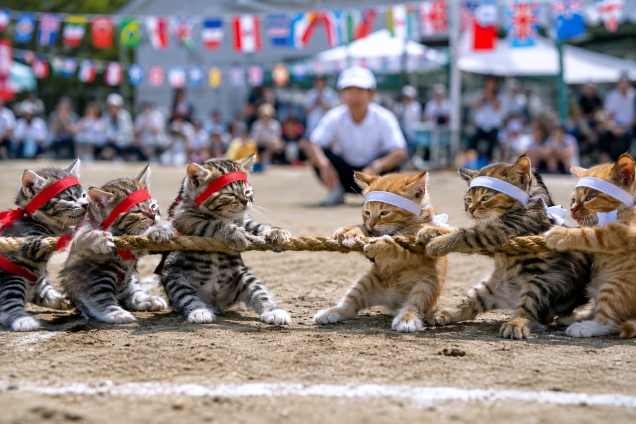 「紅白のハチマキで、絶対に負けられない戦い！💪 全員が力を合わせて綱を引く姿に、胸が熱くなります！🔥 #綱引き #子猫 #運動会」Ultra-realistic high-quality photograph of kittens in red and white headbands competing in a tug-of-war on a dirt sports day ground. The red team kittens on the left (brown tabby, silver tabby) and the white team kittens on the right (orange tabby, brown tabby) are all pulling hard on the thick rope with fierce expressions. The background shows blurred spectators and colorful bunting under bright sunlight. 運動会の土のグラウンドで、赤と白のハチマキを締めた子猫たちが紅白に分かれて太いロープを引く、綱引きの超リアルな高画質写真。左側の赤ハチマキ組（キジトラ、シルバータビー）と右側の白ハチマキ組（茶トラ、キジトラ）が、必死にロープを掴んで踏ん張っている。背景にはぼかされた観客や万国旗が見え、明るい日差しに照らされている