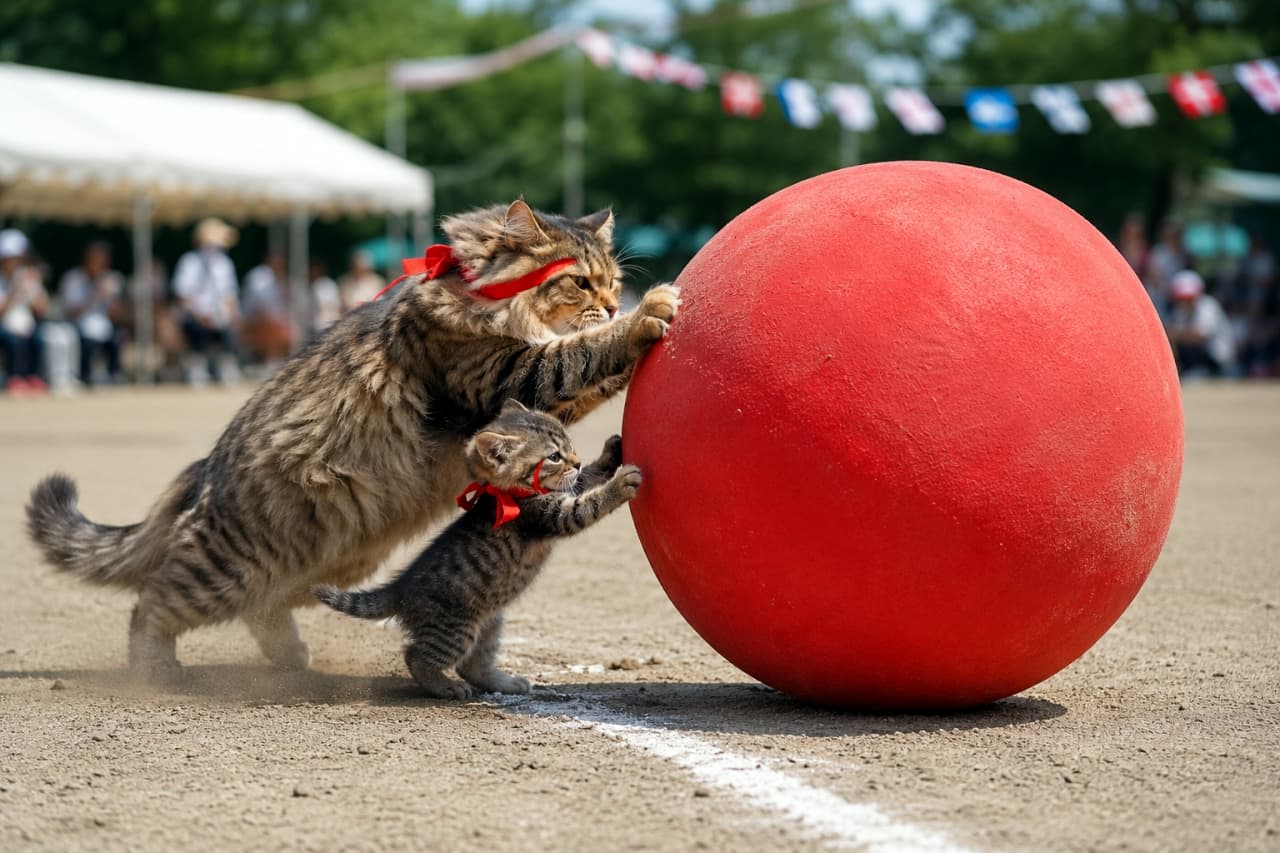 「親子で力を合わせて大玉転がし！🔴 大きなボールにも負けない力強いプッシュがカッコいい✨ #猫 #大玉転がし #運動会」Ultra-realistic high-quality photograph of a long-haired brown tabby adult cat and a brown tabby kitten pushing a giant red ball across a sports day dirt ground. Both wear matching red headbands and are standing up, pushing the ball powerfully with their front paws. Dust kicks up around them, with bunting and white tents visible under a blue sky in the background. 運動会のグラウンドで、巨大な赤い大玉を一生懸命に転がす長毛種のキジトラ親猫とキジトラ子猫の超リアルな高画質写真。お揃いの赤いハチマキを巻き、2匹が立ち上がって前脚でボールを力強く押している。足元には土埃が舞い上がり、後方には万国旗や白いテントが青空の下に広がっている