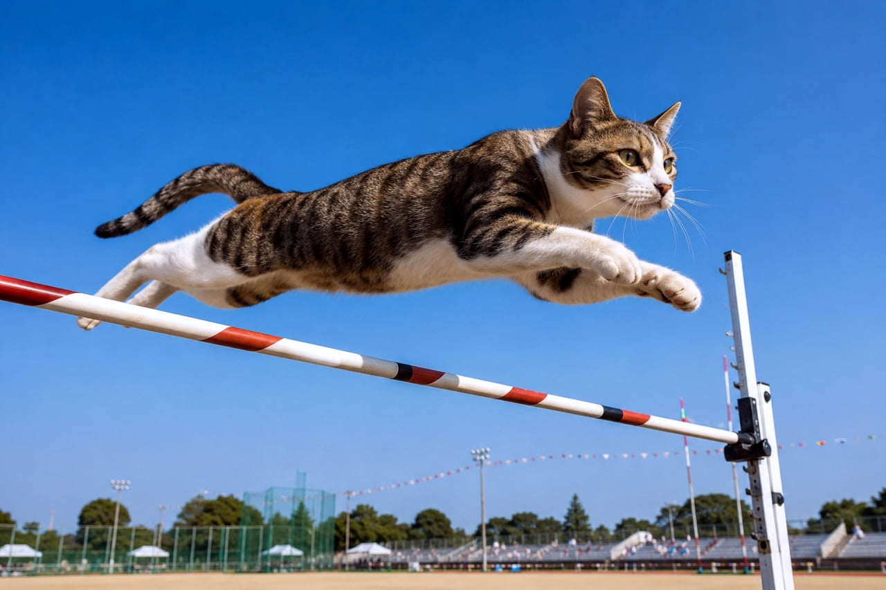 「青空に向かって華麗な大ジャンプ！☁️ 限界に挑戦するアスリートな姿が最高にカッコいいです🏅✨ #猫 #高跳び #運動会」Ultra-realistic high-quality photograph of a tabby and white adult cat gracefully jumping over a high bar on a sports day ground under a clear blue sky. The cat's beautiful streamlined pose in mid-air and sharp, focused eyes are captured dynamically. The dirt ground, tents, and spectators below emphasize the height of the jump. 抜けるような青空の下、運動会のグラウンドで高いバーを華麗に飛び越えるキジ白の大人猫の超リアルな高画質写真。空中にピンと伸びた美しい流線型のポーズと、前を見据える鋭い瞳がダイナミックに捉えられている。下部には土のグラウンド、テント、観客席が広がり、高所を飛んでいることが強調されている
